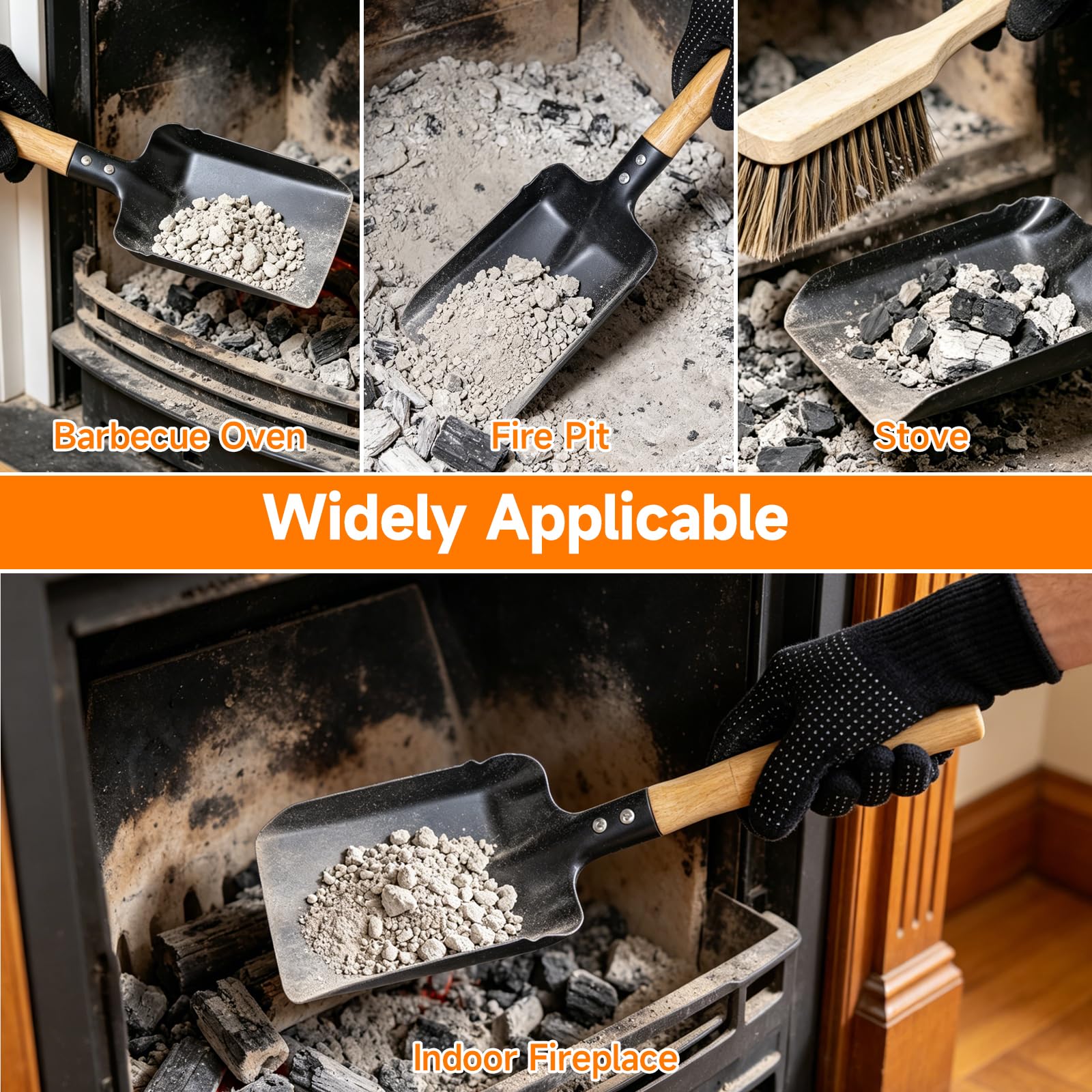 Qivine Pala para Chimenea y Cepillo, Recogedor para Chimenea con Cepillo, Conjunto de Recogedor y Escobilla con Guantes, para Estufas Barbacoas Chimenea