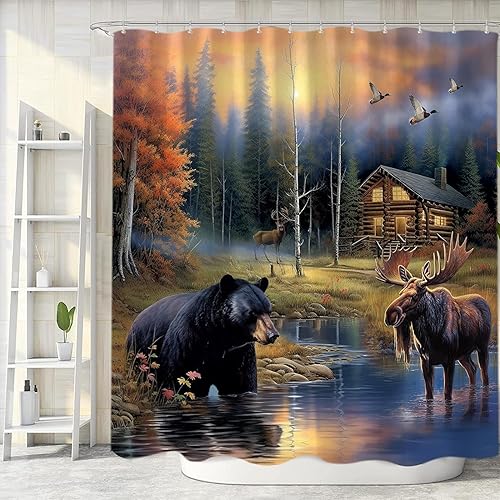 Miniatura 2 de Sanzugh Cortina de ducha de oso rústico, juego de cortinas de ducha de tela de alce y ciervos para baño, decoración de casa de campo con ganchos,