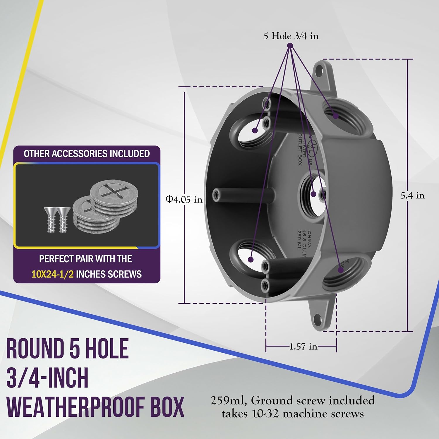 ENERLITES 4” Diameter Round Weatherproof Outlet Box with Five 3/4-in Threaded Outlets, Round Outdoor Electrical Box, 5 Holes 0.75” Each, 2-Gang, 5.4” Height x 4.05” Length x 1.57” Depth, EN4575 Grey