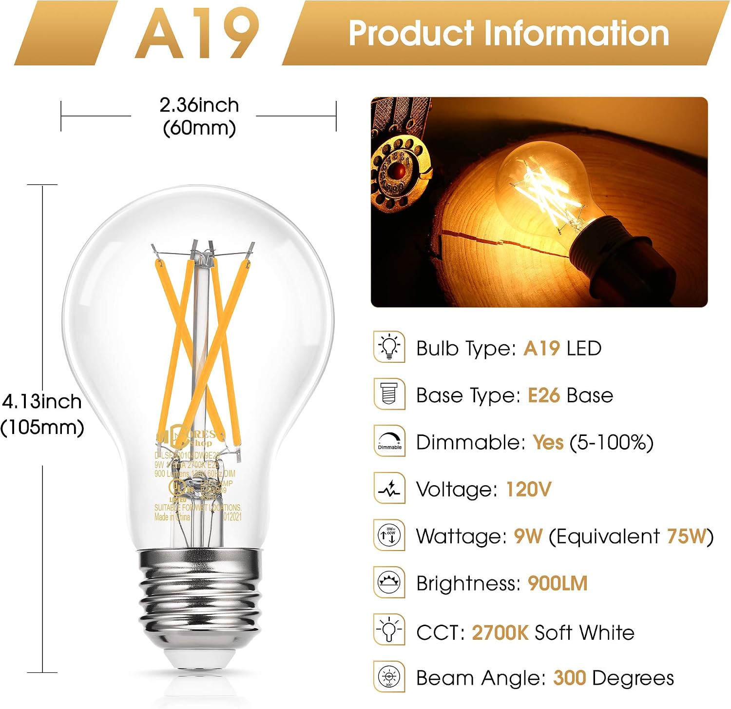 Dimmable A19 LED Edison Bulb 75W Equivalent, DORESshop 9W A19 Vintage LED Filament Bulb, 2700K Soft White, 900LM, Antique Style Decorative Bulbs for Cafe Home Office, Classic Clear Glass, 2Pack