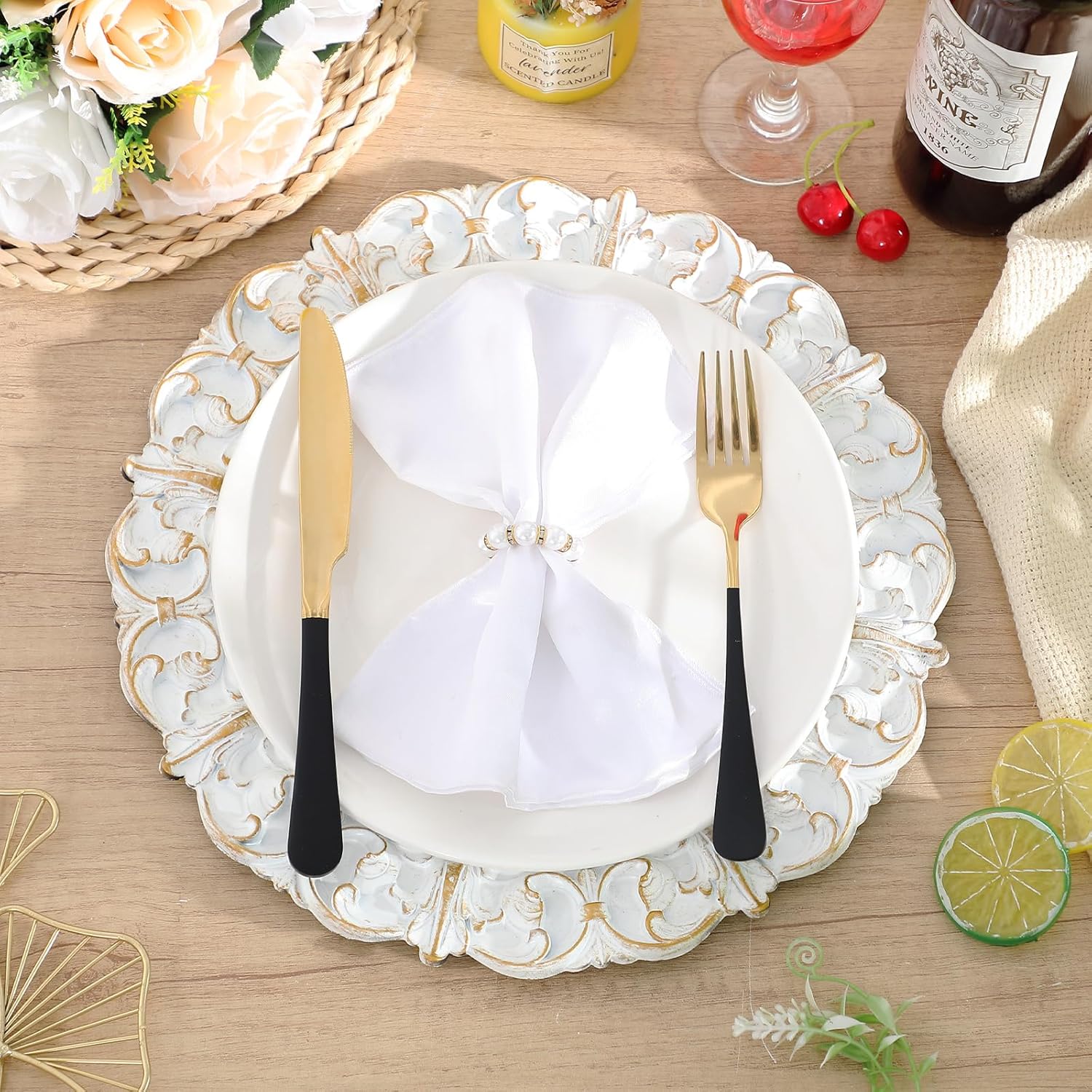 30 Pcs Antique White Charger Plates Bulk 13 Inch Embossed Rim Plastic Round Decorative Vintage Plates Charger for Dinner Wedding Party Event Table Setting Decoration (Vintage)