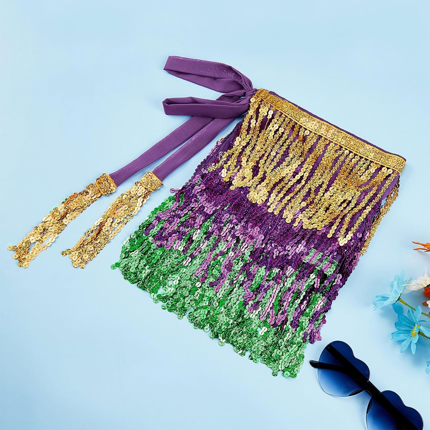 Zando Women's Belly Dance Hip Scarf Skirt Sparkly Tassel Disco Outfits Sequin Wrap Rave Costumes Fringe Skirt - Image 3