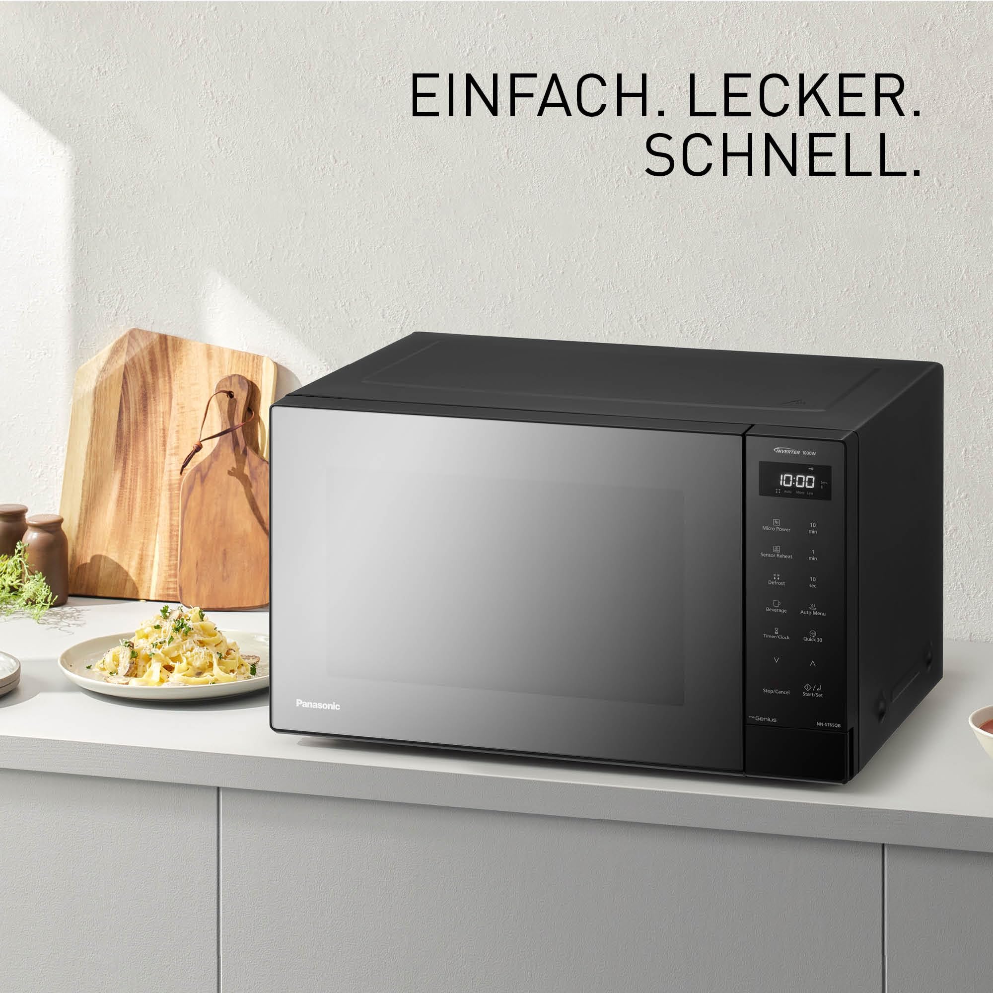 Panasonic NN-ST65QBEPG 32L Inverter Solo Mikrowelle, 1000 Watt Leistung, Genius Sensor Technologie, 20 Automatikprogramme, Quick 30 Funktion, Touch-Bedienung, Großer Drehteller, Schwarz