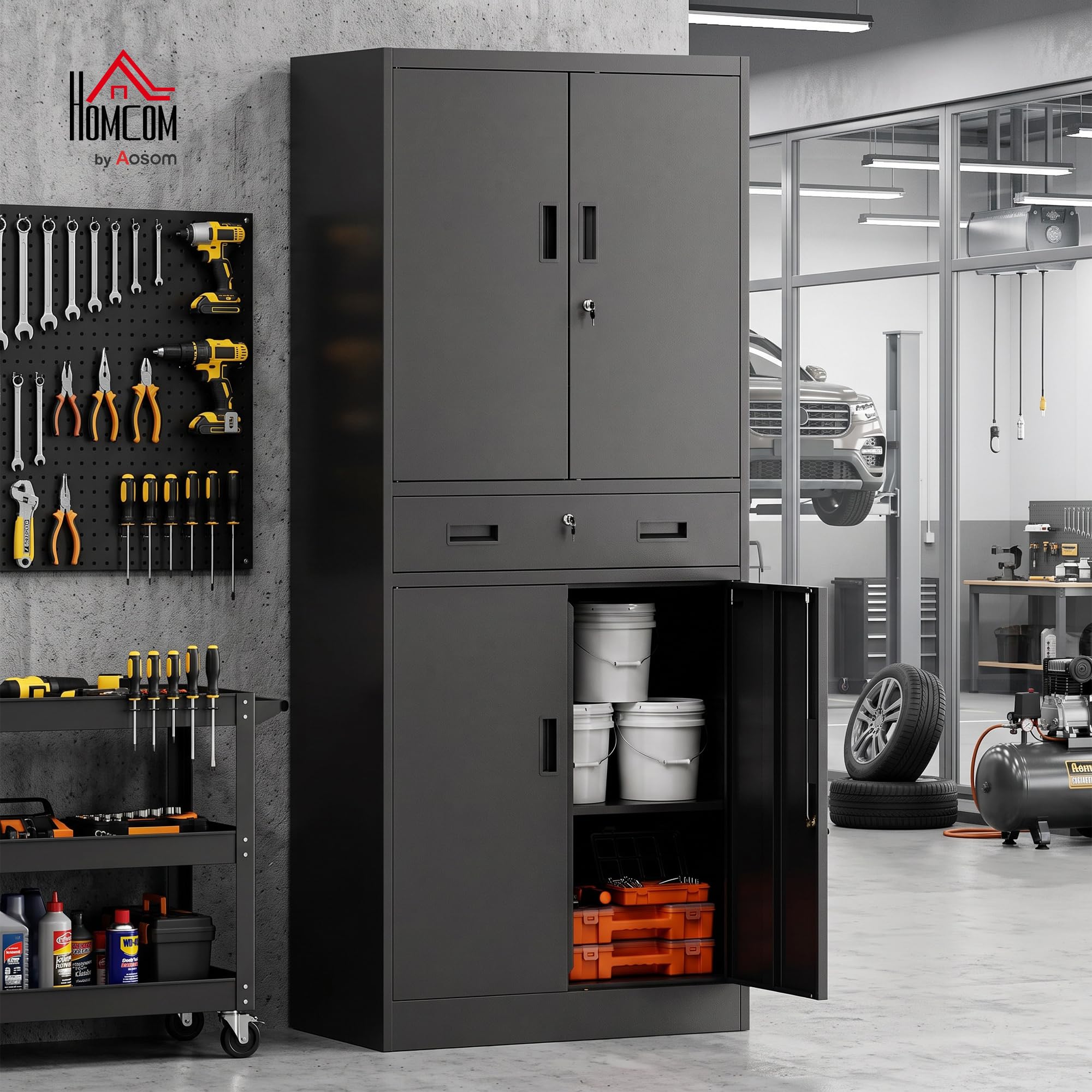 HOMCOM Armoire de Rangement métallique 180 cm avec Portes verrouillables, tiroir et étagères réglables, Noire