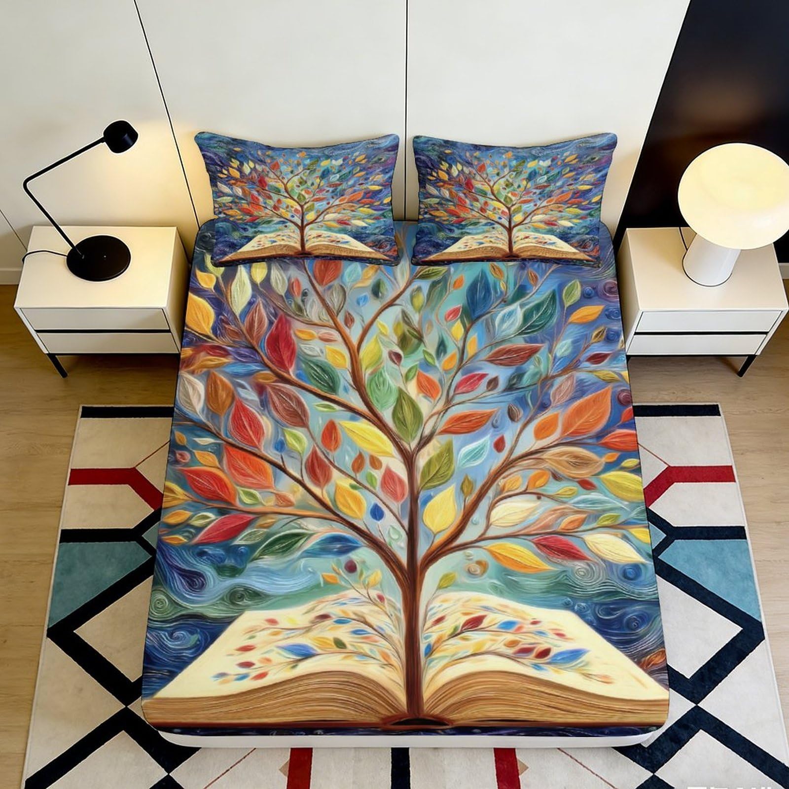 3D Printed Tree Book Pattern Fitted Sheet Microfiber Deep Pocket Elastic Hem for Bedroom Tree Book Mattress Fitted Cover Washable 90x200x25cm