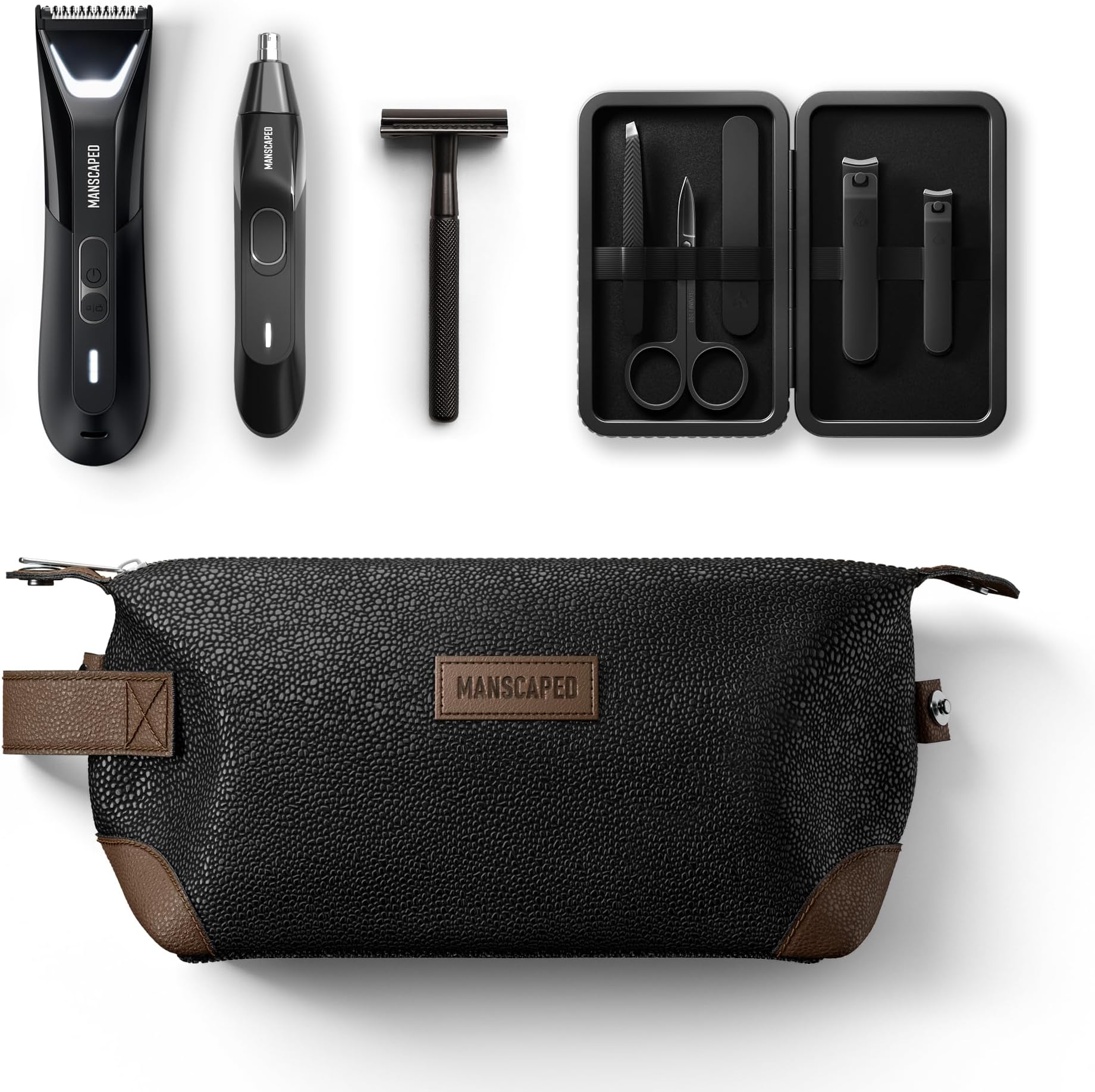 The Tool Box 5.0 Ultra with: The Lawn Mower® 5.0 Ultra Groin Groomer, Weed Whacker® 2.0 Nose & Ear Hair Trimmer, The Plow® 2.0, The Shears 3.0 Five Piece Nail Kit, The Shed Toiletry Bag