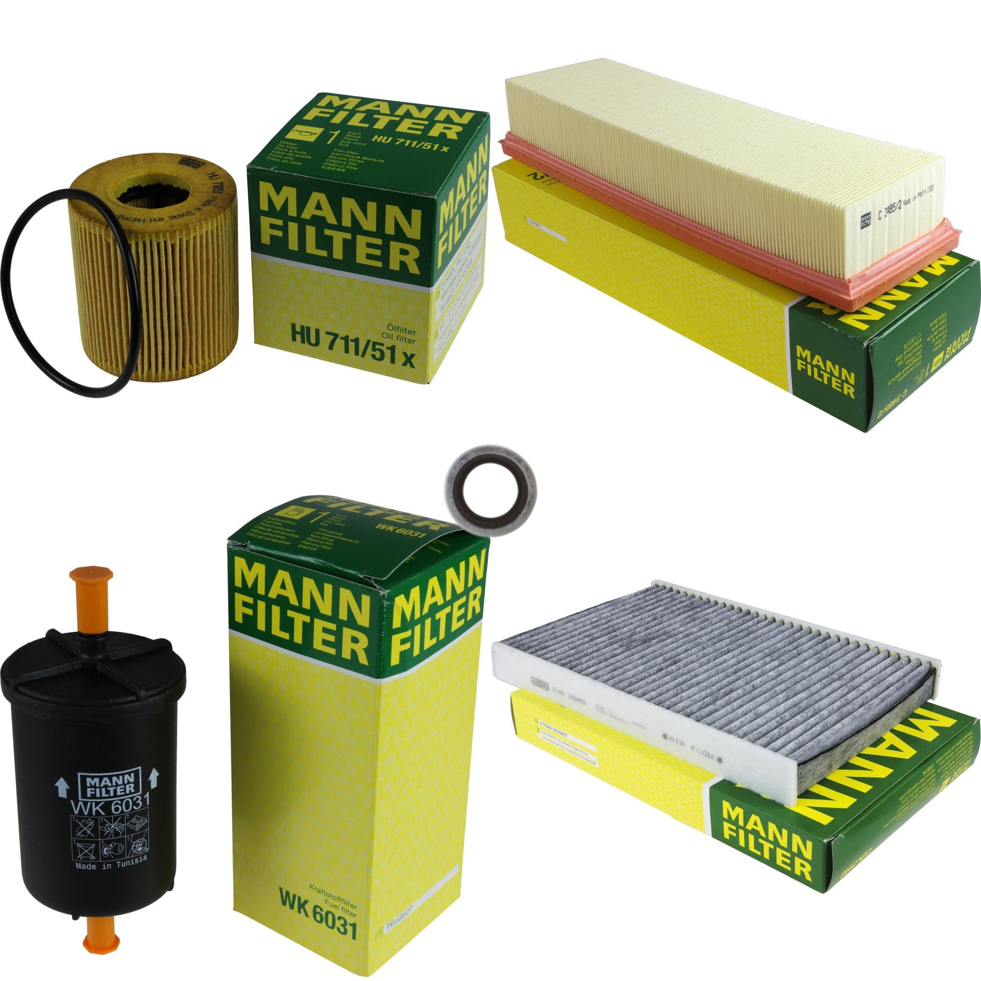 Paquete de inspección Kit de mantenimiento de filtros con filtro de aceite HU 711/51 x, filtro de aire C 3485/2, filtro de combustible WK 6031, filtro de habitáculo CUK 2940, anillo de