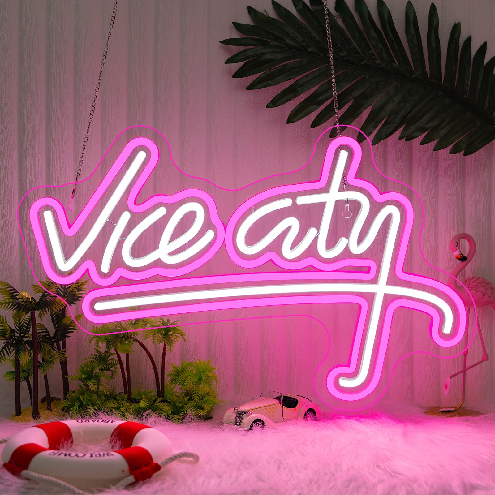 Vice City - Letrero LED rosa para decoración de pared de dormitorio, letra de neón alimentada por USB, para sala de juegos, bar, cueva de hombre, zona de juegos (18.5 x 11.4 pulgadas)