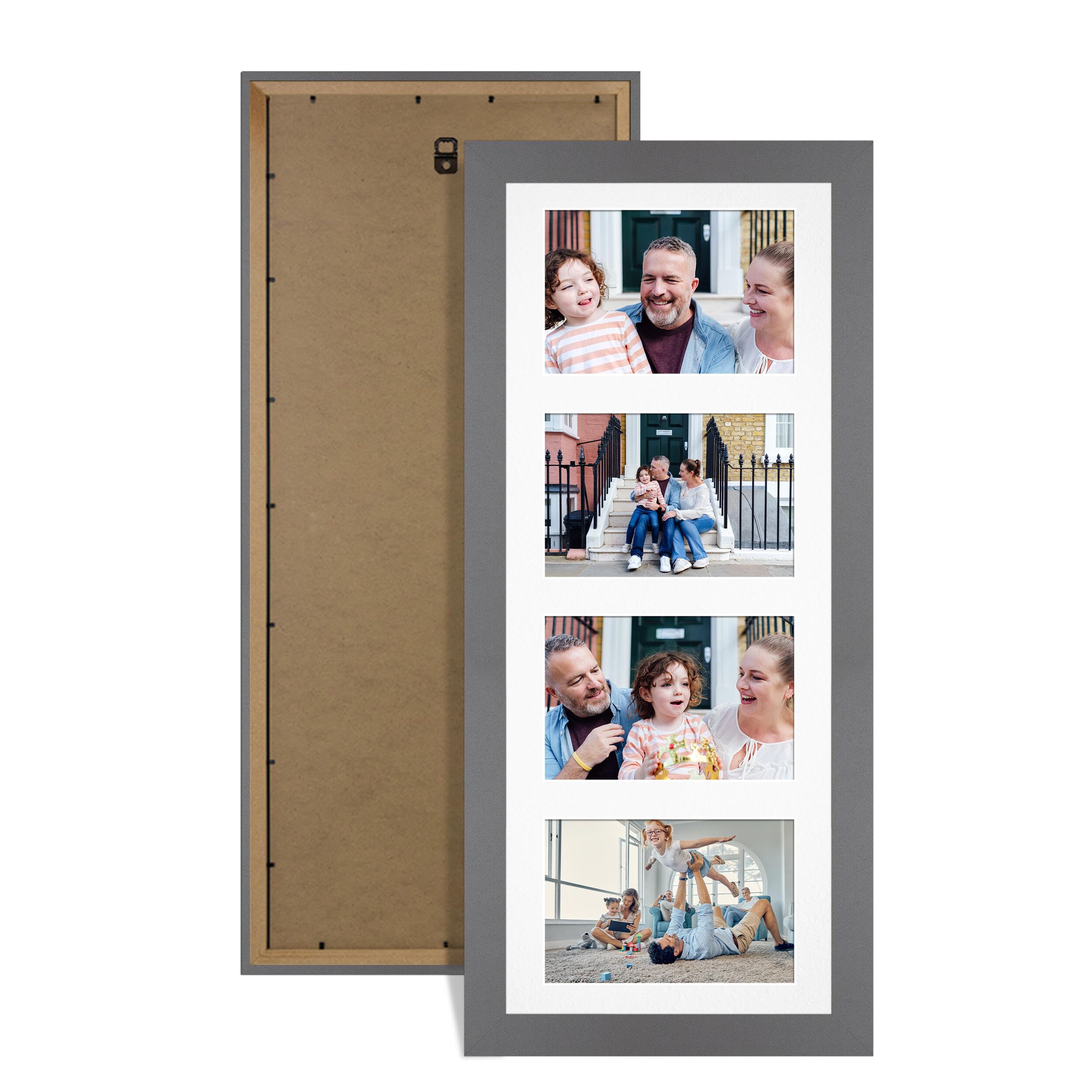 Alison Kingsgate Dark Grey 50x20cm Photo frames for multiple pictures -4 Apertures Collage Frame with White Mount - Holds (4x) 6x4 Photos - Engineered Wood & Perspex