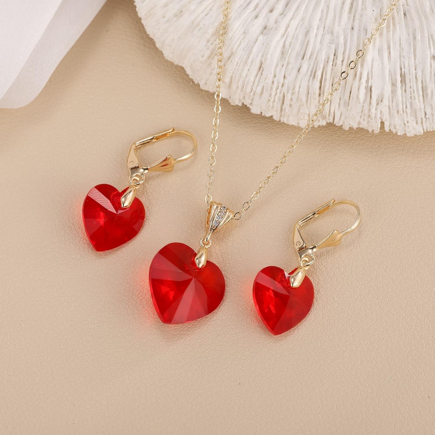 EVEVIC Austrian Crystals Heart Pendant Necklace Earrings for Women 14K Gold Plated Hypoallergenic Leverback Drop Dangle Earring Jewelry Set - Image 3