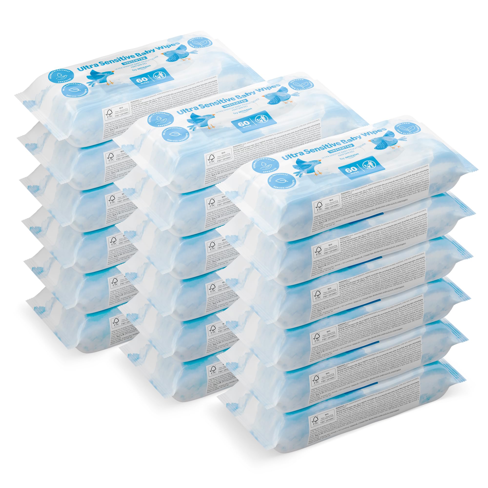 by Amazon Ultrasensitive Babyfeuchttücher  100% pflanzliche Fasern  99% Wasser  1080 Tücher  Unparfümiert  18 Packungen à 60 Stück (zuvor unter der Marke Mama Bear geführt  identisches Produkt)