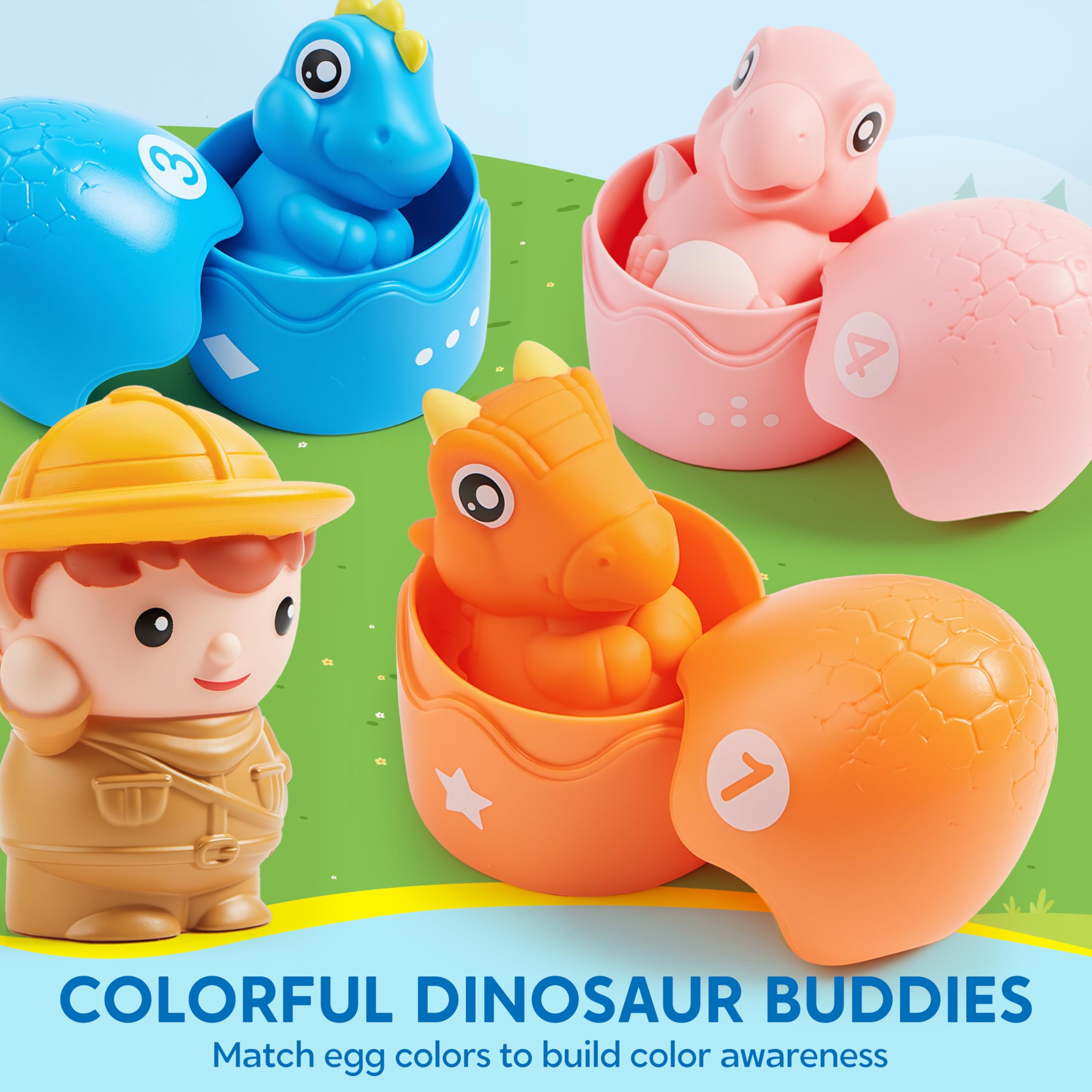 Play-Act Zabawka edukacyjna dla małych dzieci w wieku 1-2-3 lat, liczenie, dopasowywanie i sortowanie Montessori do nauki dinozaurów, w tym 9 dinozaurów, prezent urodzinowy dla chłopców i dziewczynek