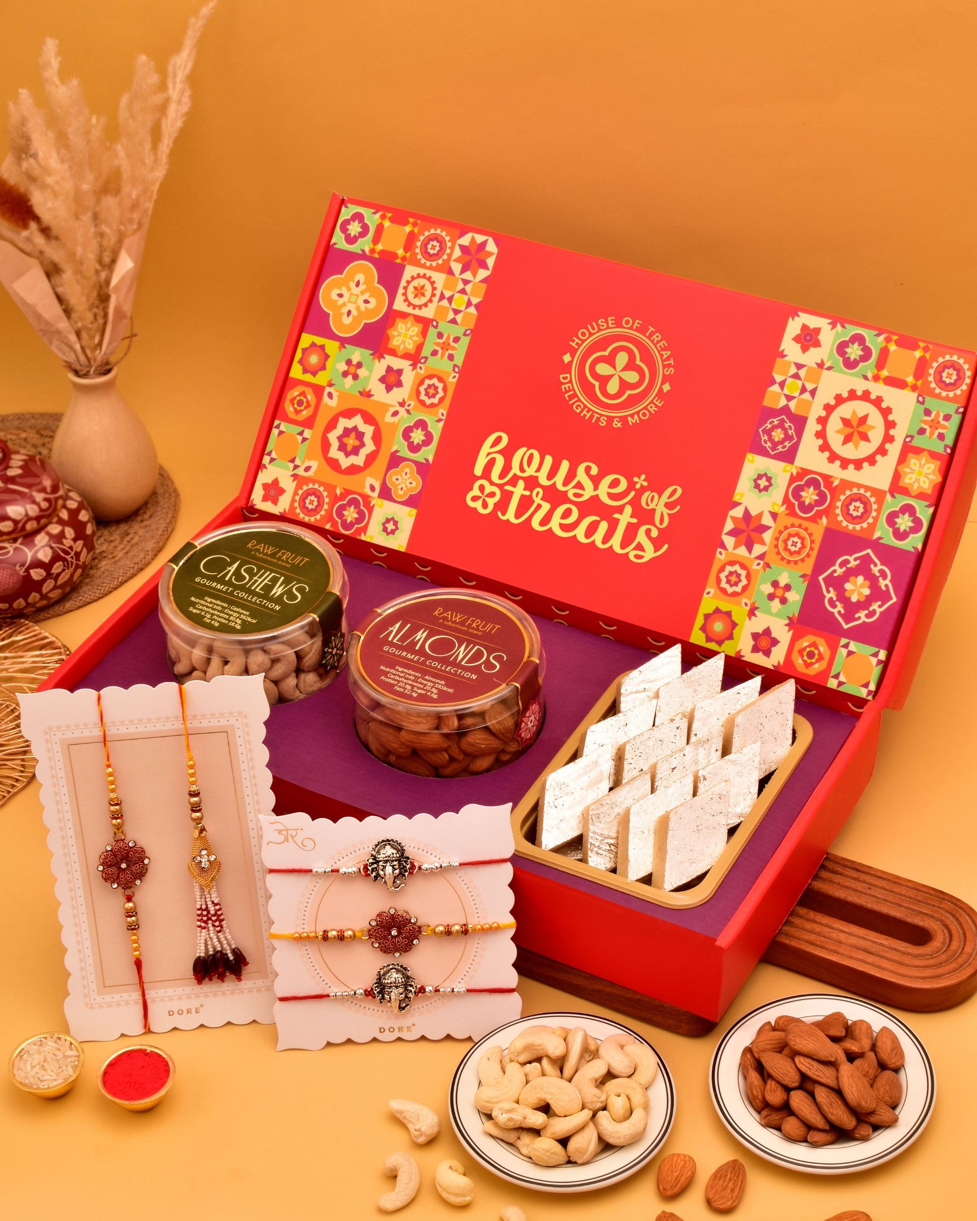 HyperFoods® Rakhi with Sweets Gift Pack and Dry Fruits Cashews Almonds 250g and Kaju katli 200g Sweets Gift Box with Dryfuits Flowers of Ganesha Rakhi Set of 5 Roli & Rice