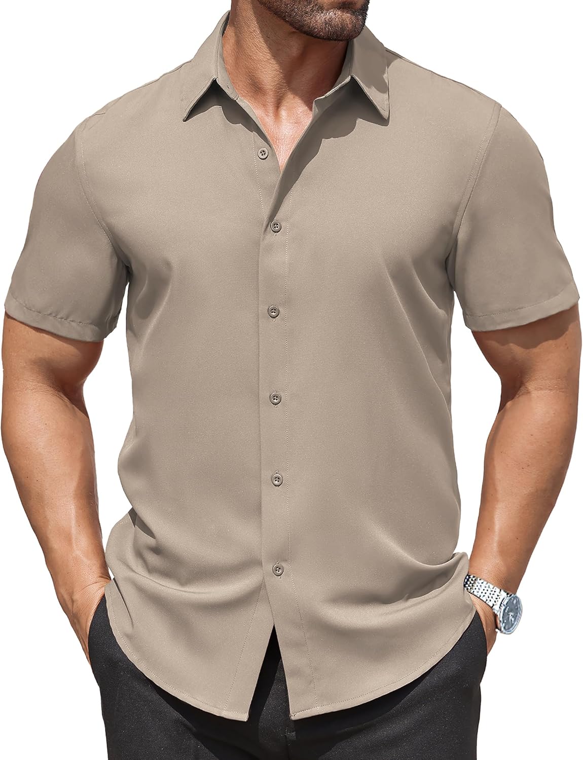 (Size L) COOFANDY Men's Dress Shirts Stain Shield Short Sleeve Button Down Shirts Summer Wrinkle Free Business Casual Shirt Khaki 3X-Large