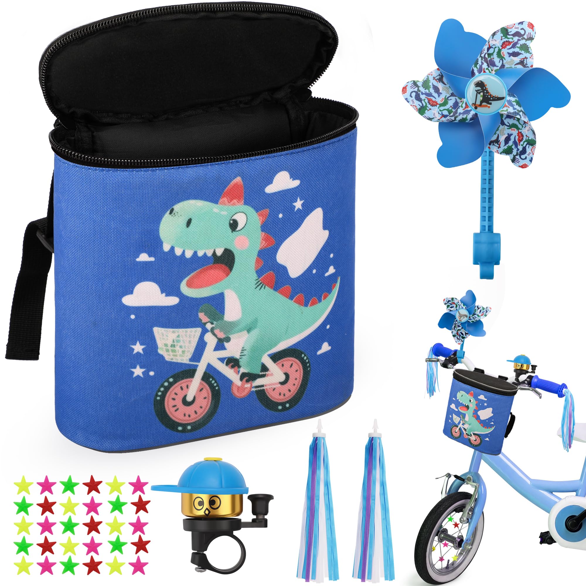 COZCLAM Lenkertasche Kinder, Laufrad Lenkertasche Fahrrad Kinder mit Klingel, Windrad, Lenker-Luftschlangen & Kinderfahrrad Speichen für Kinderfahrräder, Laufräder, Scooter (Blau)