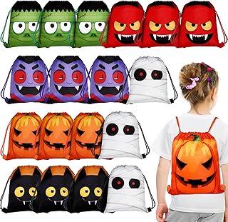 18 Pcs Halloween Drawstring Bags Set Halloween Drawstring Backpack Party Supplies Halloween Polyester String Sack Bags Bulk for Kids Trick or Treat Party Favors Gift Wrap Bags, 6 Styles