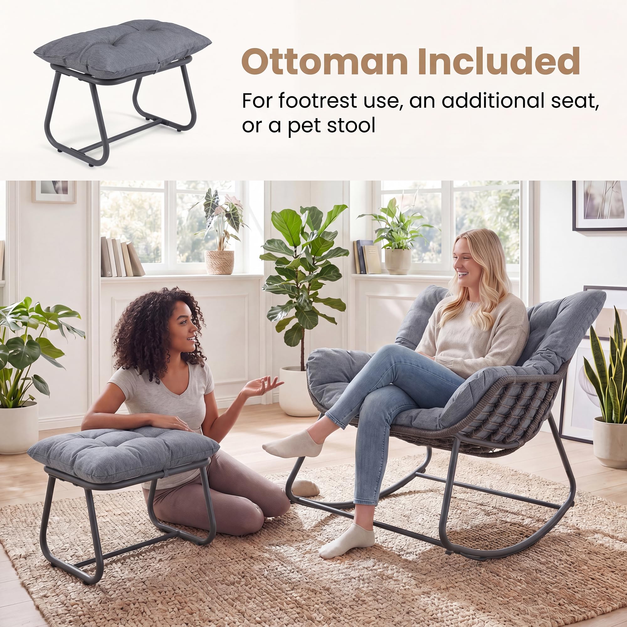 GIANTEX Fauteuil a Bascule avec Repose-Pied, Chaise a Bascule Surdimensionné avec Assise en Rotin PE, Coussin Amovible Rembourré, Cadre Métallique Robuste, pour Salon, Balcon, Jardin (Gris)