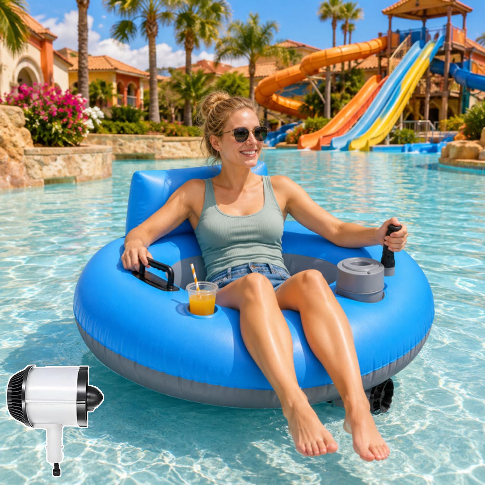 Flotador Motorizado para Piscina, Tumbona Inflable Eléctrica con Batería Recargable, Silla Flotante para Adultos De 42 X 42 Pulgadas, Portavasos, Respaldo, Tubo para Ríos Y Lagos