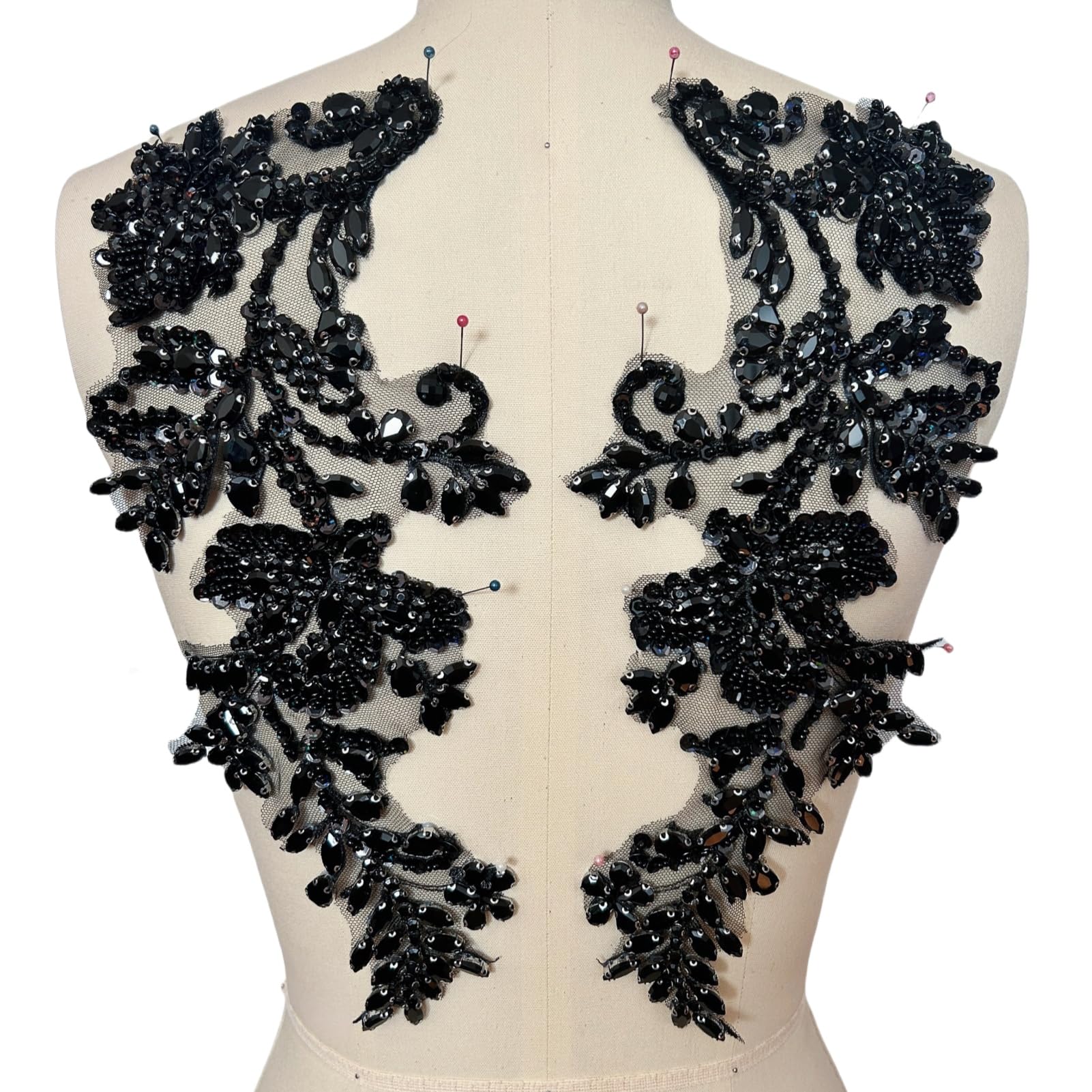 Photo 1 of 1 Pair/lot Costumes Beaded Appliques and Patches with Crystals Rhinestones Sew on Lace Sewing Accessories for Wedding Prom Evening Crafts DIY Dresses Gowns (Black)