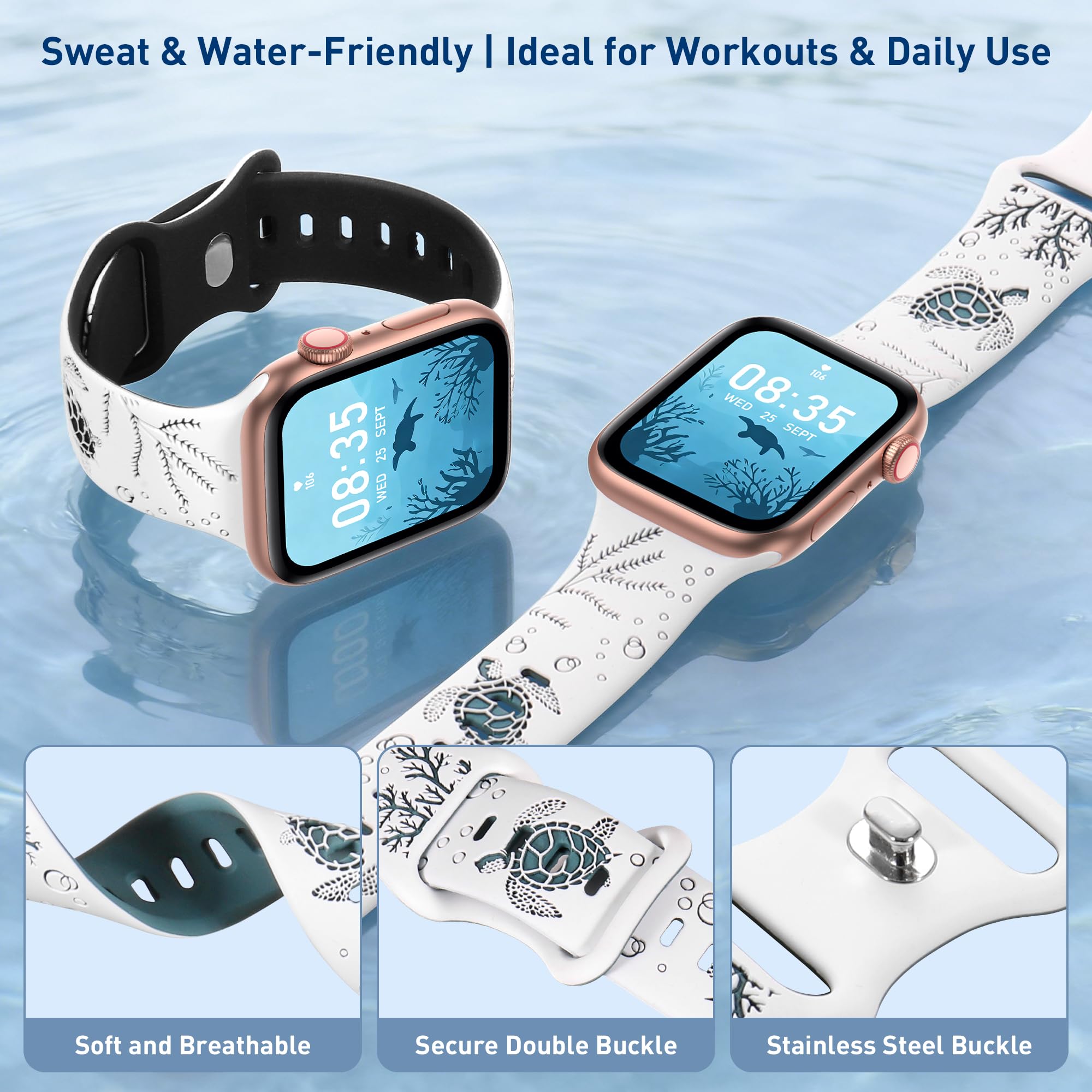 HMFCBFSS Sea Turtle Engraved Band Compatible with Apple Watch Band Women Men 38mm 40mm 41mm 42mm 44mm 45mm 46mm 49mm Two-Tone Cute Sport Silicone Band for iWatch Series 11 10 Se Ultra 9 8 7 6 5 4 3 2 1 - 3