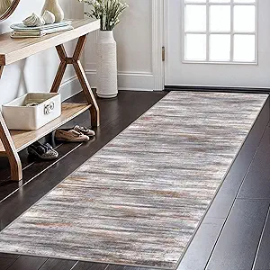KOZYFLY Modern Abstract Kitchen Runner Rug, 2x6 Washable Rug Runner Non-Slip Soft Striped Hallway Runner Rugs, Grey Brown Print Distressed Carpet Runner for Entryway Bathroom Laundry Room Foyer