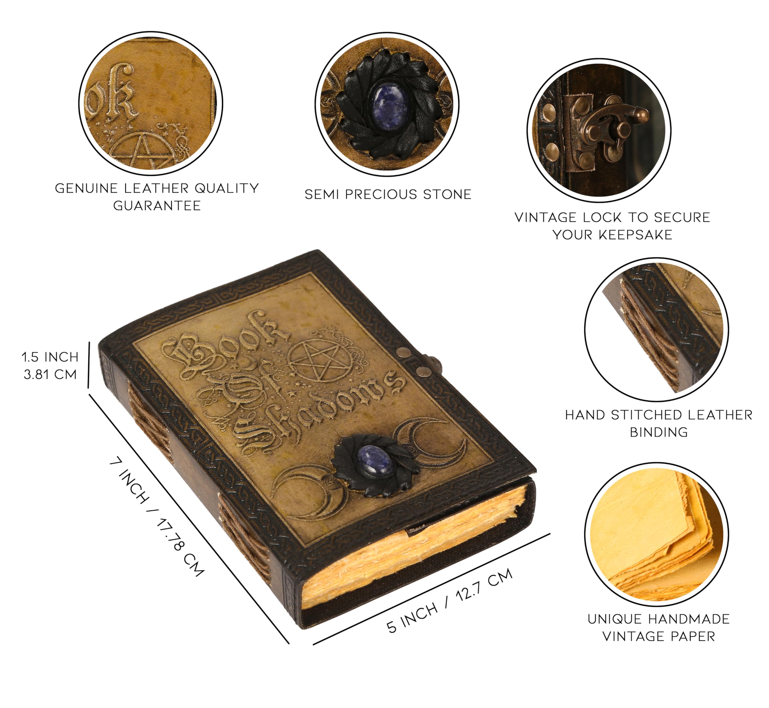 Leder-Tagebuch, blanko, Buch der Schatten, Zauberbücher, Vintage-Notizbuch mit Halbedelstein, Sonne und Mond, keltische Prägung, persönlicher Organizer, Tagesplaner, Reisetagebuch, unliniertes Papier,