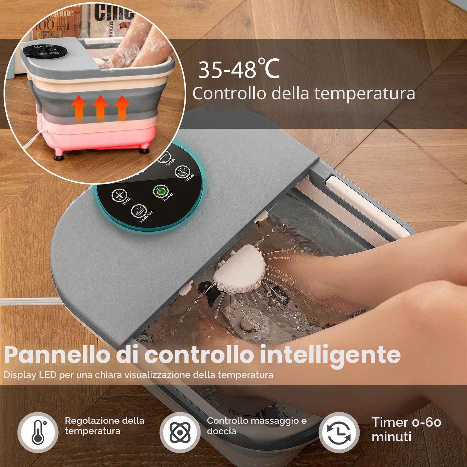 HOMASIS Pediluvio Massaggiatore Piedi Pieghevole, Pediluvio Elettrico con Regolazione della Temperatura e Timer, Piastra Massaggiante Rimovibile, Vaschetta Pedicure, Grigio