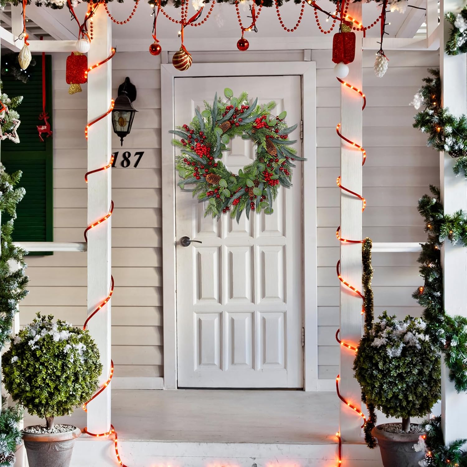 22 Inch Artificial Christmas Wreaths for Front Door, Winter Wreath with Big Pine Cones、Pine Needles、Red Berries、Eucalyptus Leaves for Indoor Outdoor Wall Porch Festival Farmhouse Home Holiday Decor. - Image 7