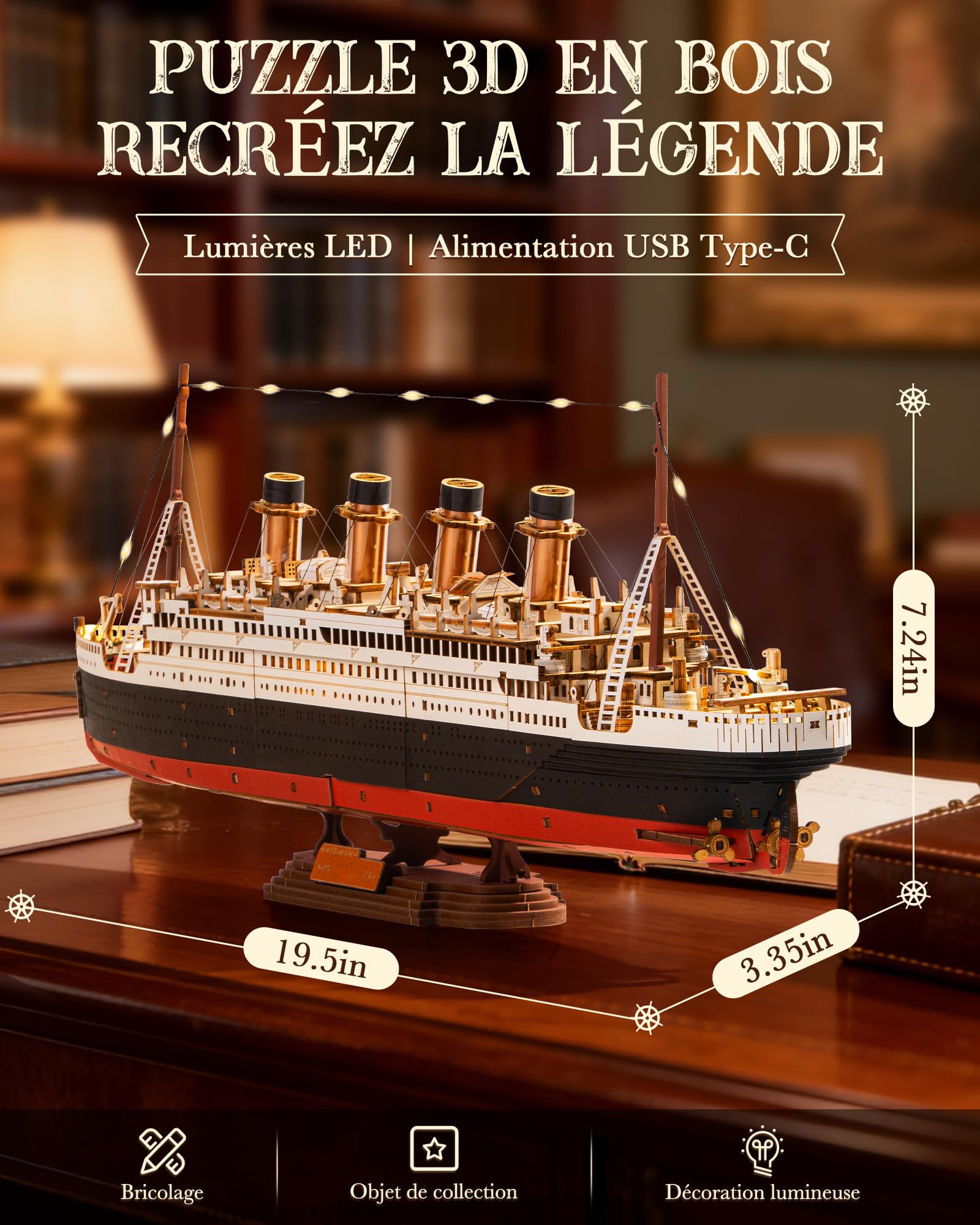 ROBOTIME Puzzle 3D en bois 1912 Eternal Atlantic Voyager, kits de modèles pour adultes à construire, cadeaux d'artisanat de décoration de maison pour adultes et adolescents