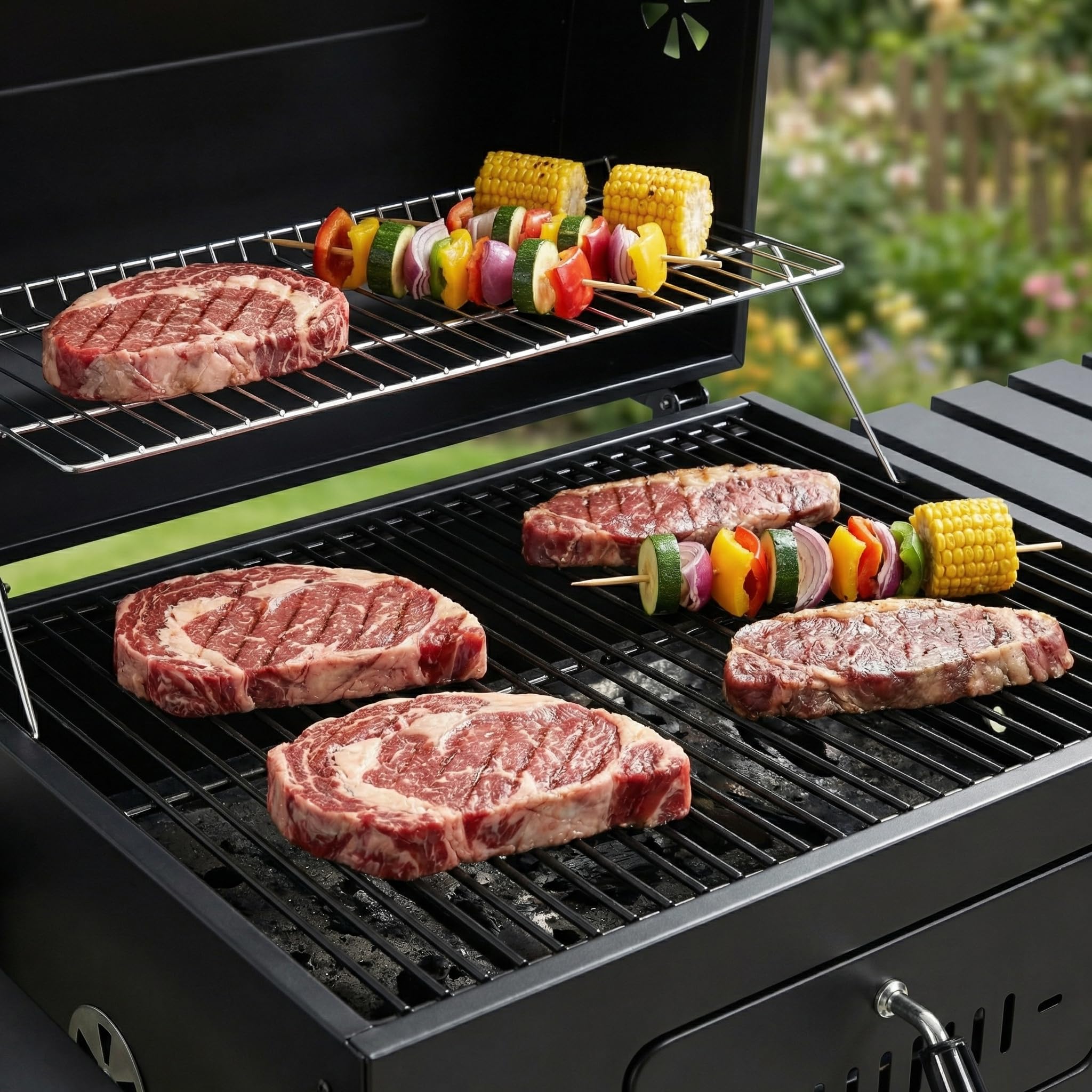Barbecue XXL con coperchio e ruote, con doppio ripiano pieghevole, gancio, termometro, griglie, ecc, barbecue da campeggio e affumicatore, colore: grigio