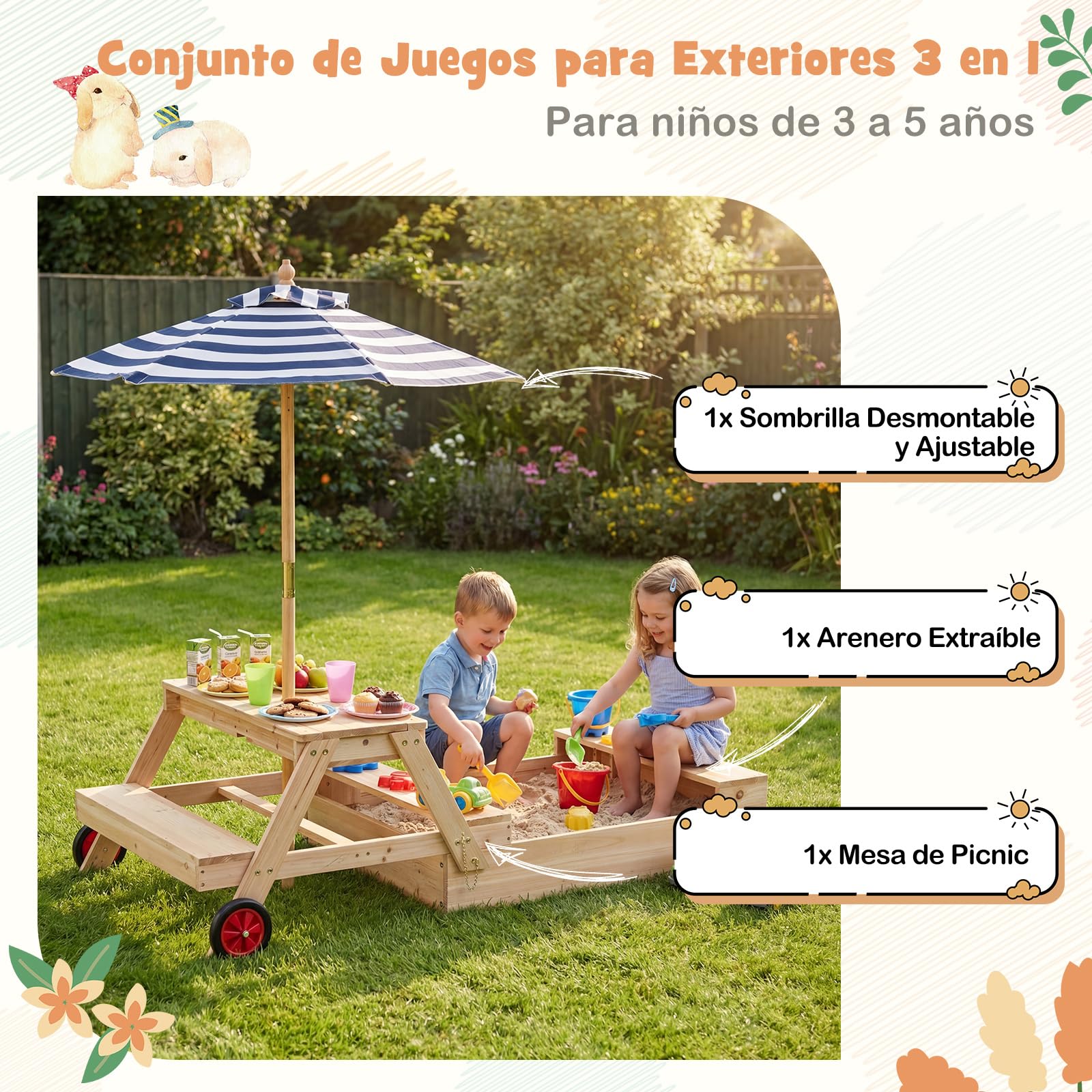 COSTWAY Arenero de Madera Infantil 3 en 1, Caja de Arena con Sombrilla Ajustable, Mesa de Picinic, Bancos, 2 Compartimentos Ocultos, Ruedas, Conjunto de Juego para Exterior para Niños de 3 a 5 Años