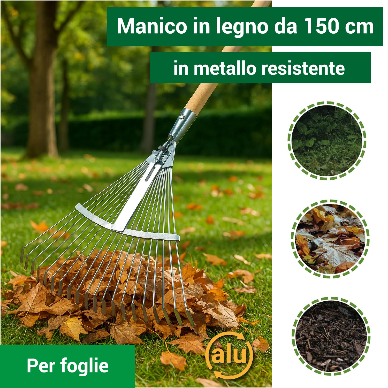 Crisalide® Kit de limpieza de jardín con saco recogedor de hojas de 80 l, rastrillo de 22 dientes ajustable con mango de 150 cm y guantes, juego para hojas, hierba, poda y residuos de exterior