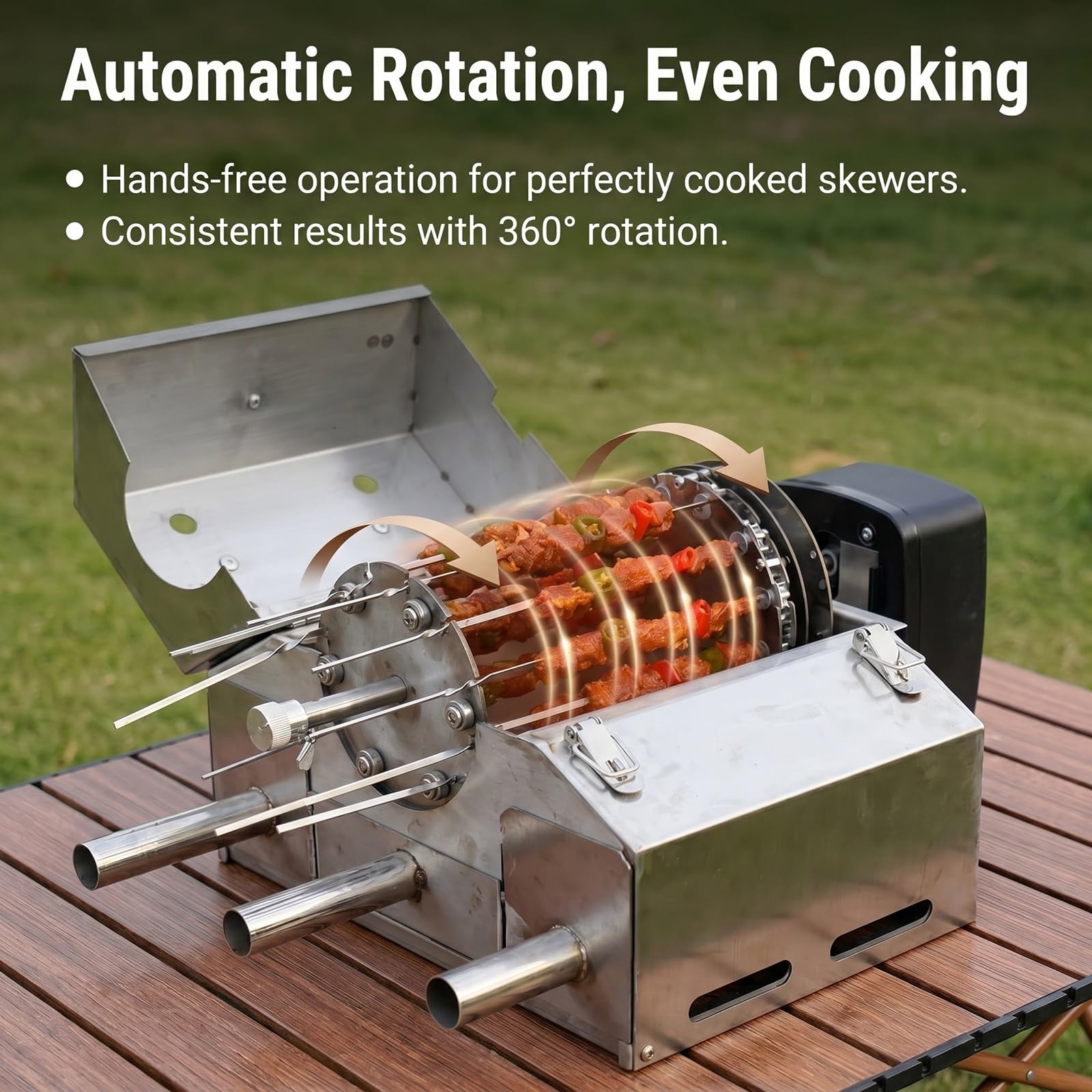 Automatyczny obrotowy grill rożenowy, bezdymny grill węglowy ze stojakiem obrotowym, 100 szpikulców BBQ, akumulator i zasilacz typu C, grill 360° do kebaba na patio(12Skewers)