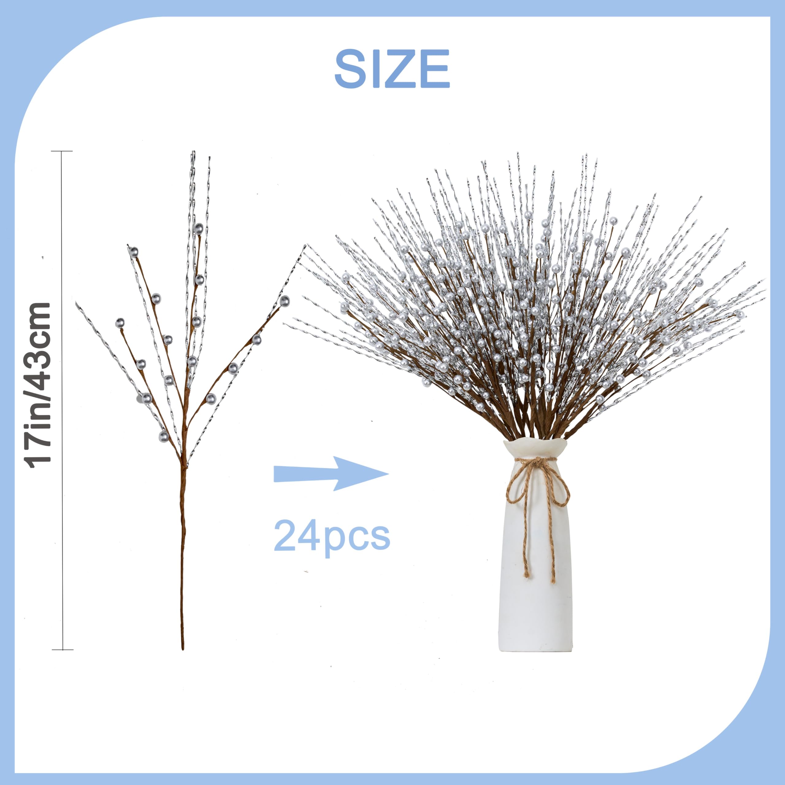 Steli di bacche artificiali, 24 pezzi, bacche di agrifoglio, 43,2 cm, ideali per l'inverno, le vacanze natalizie e la decorazione della casa (argento)