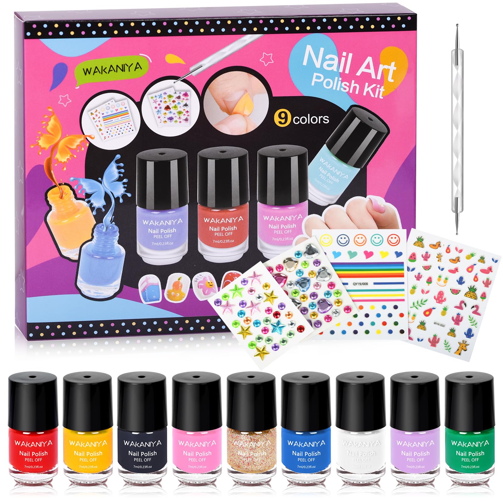 wakaniya Kids Nail Polish - Quick Dry Mini Nail Polish Set for Girls with Gems Stickers, 9 Colors Non-Toxic Water-Based Peel-Off Low Odor Toddler Nail