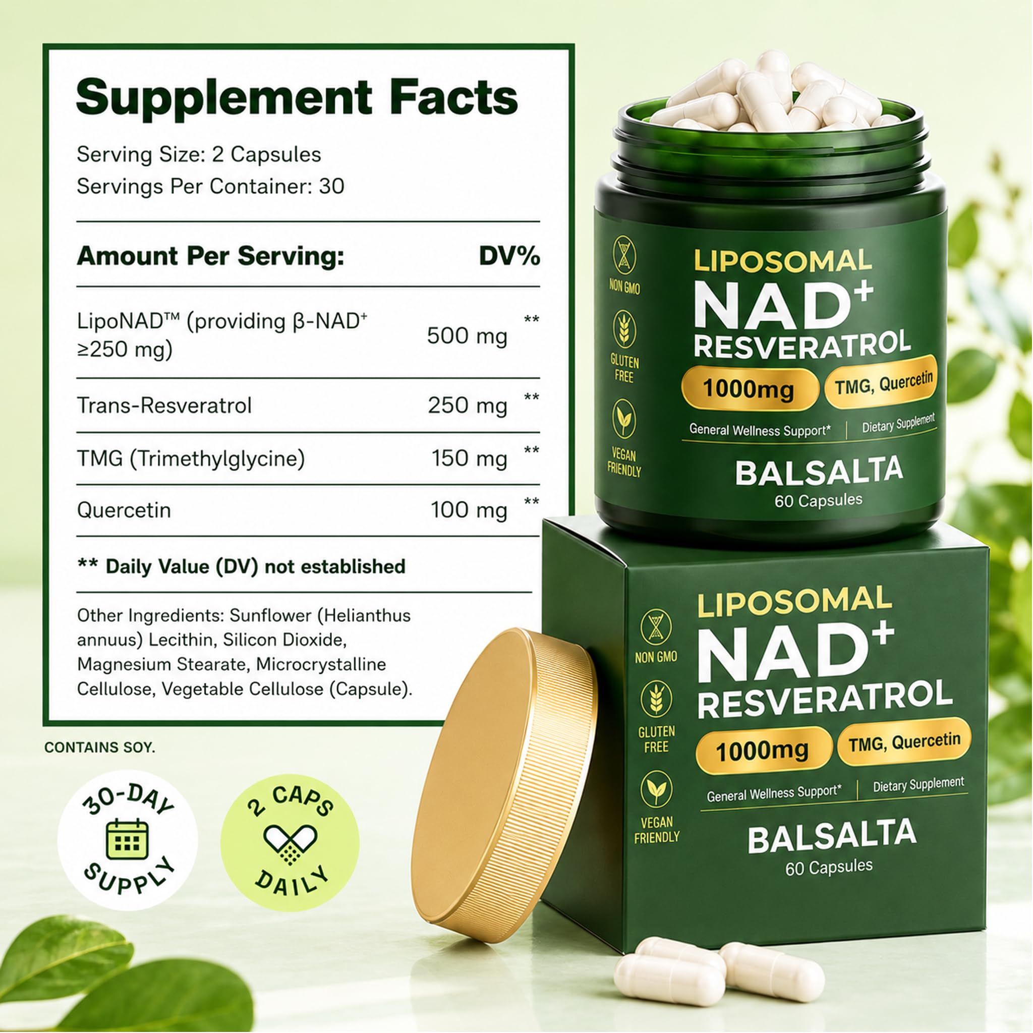 Liposomal NAD+ Supplement 1000mg with Resveratrol, TMG & Quercetin, 60 Caps — Amazon image 8
