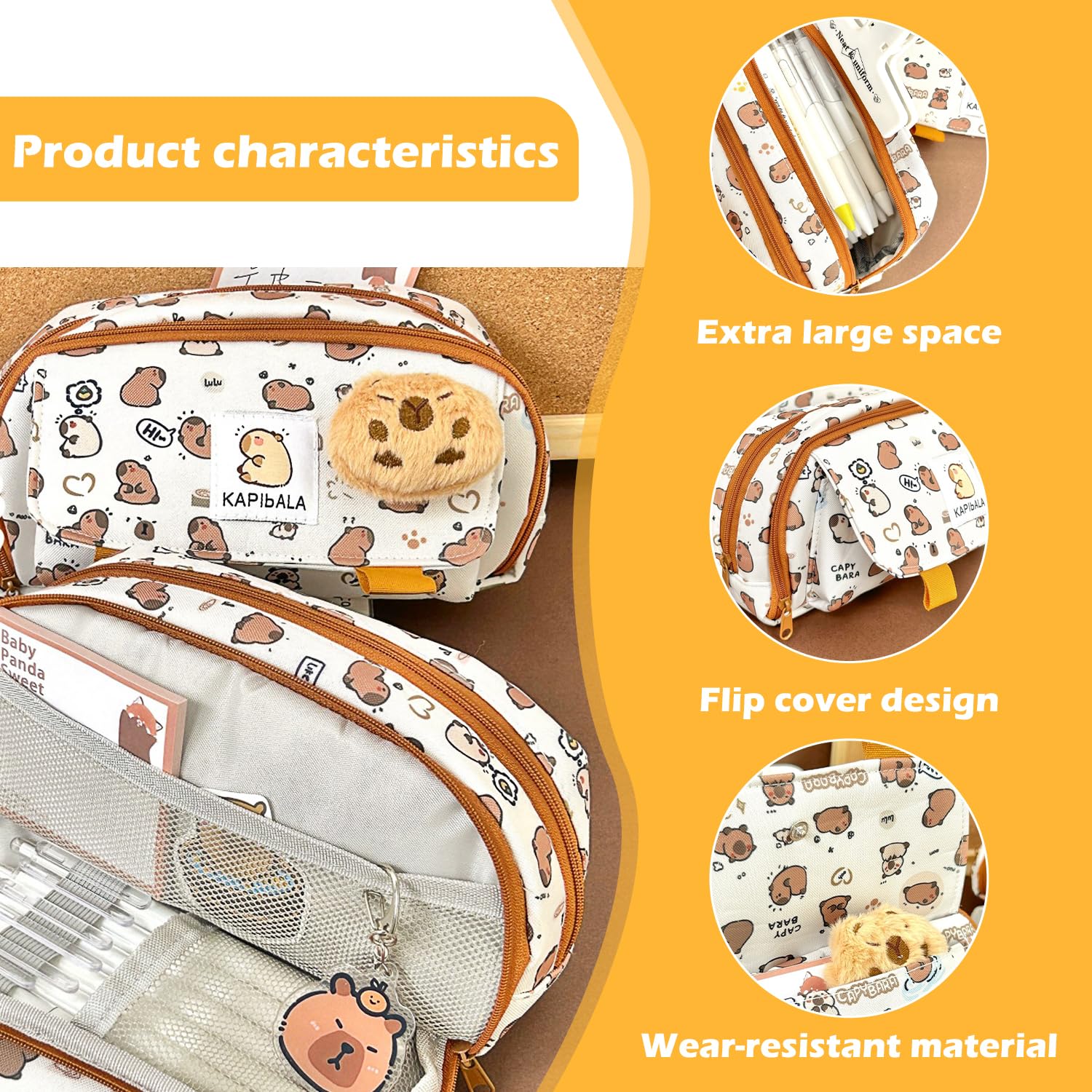 arrderly 1 Pcs Capybara Pencil Case for Girls Boys Multi-Layer Zip Personalized Stationery, Cute School Supplies Storage Pencil Case - Image 3