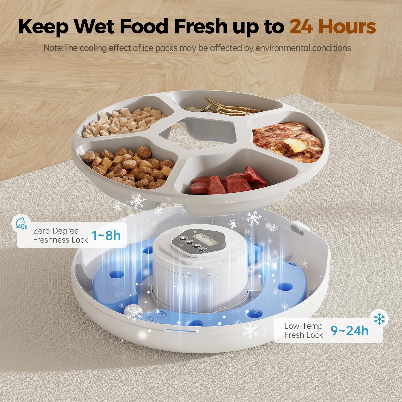 Alimentatore automatico per gatti, dispenser di cibo umido per gatti, con timer, senza fili, 5 pasti, con 2 confezioni di ghiaccio, distributore automatico di cibo per animali domestici per