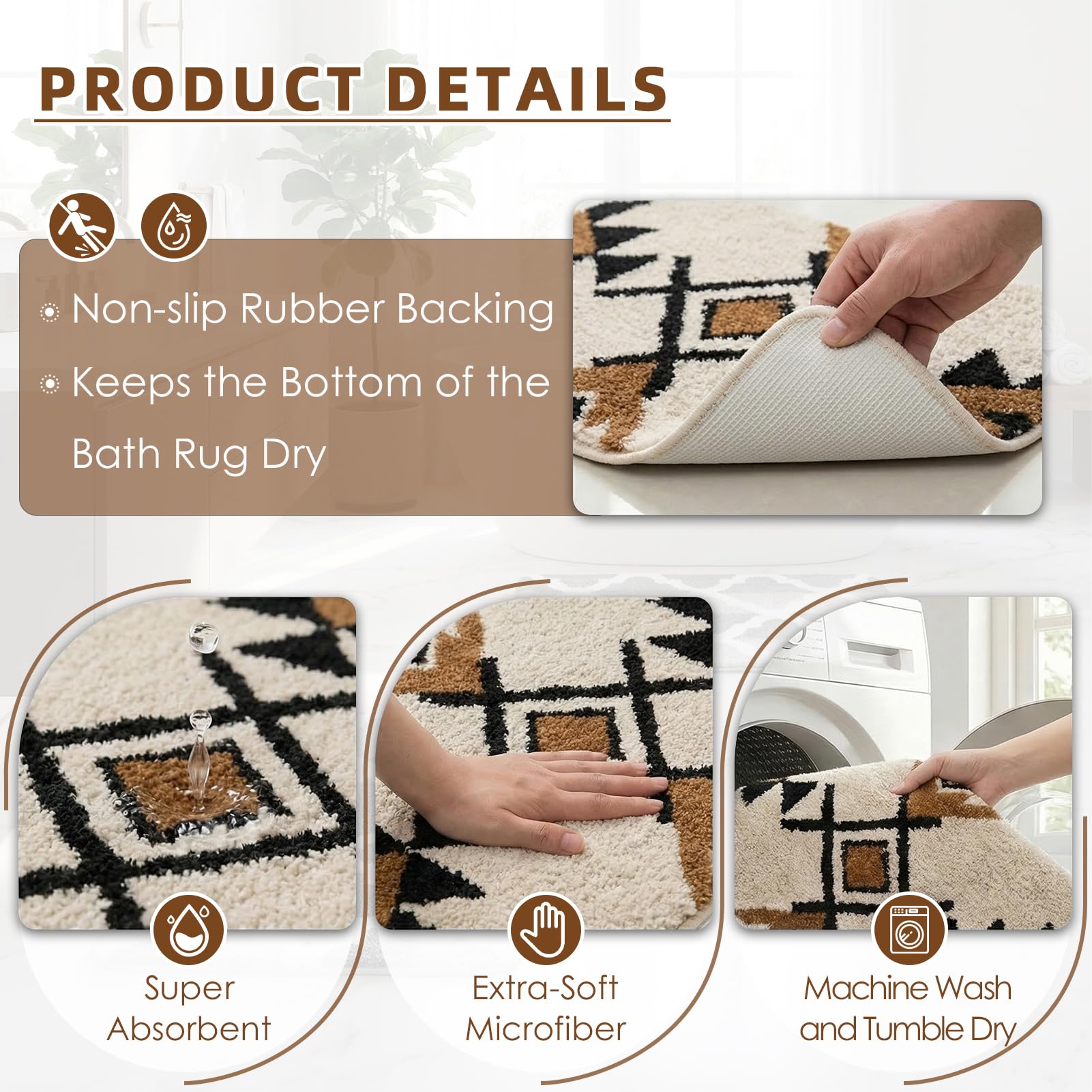 Britimes Badteppich, flauschig, Mikrofaser, rutschfest, U-förmig, wasserfest, weich, saugfähig, waschbar, für Badewanne, Dusche, Waschküche, Beige, Boho, 3-teilig