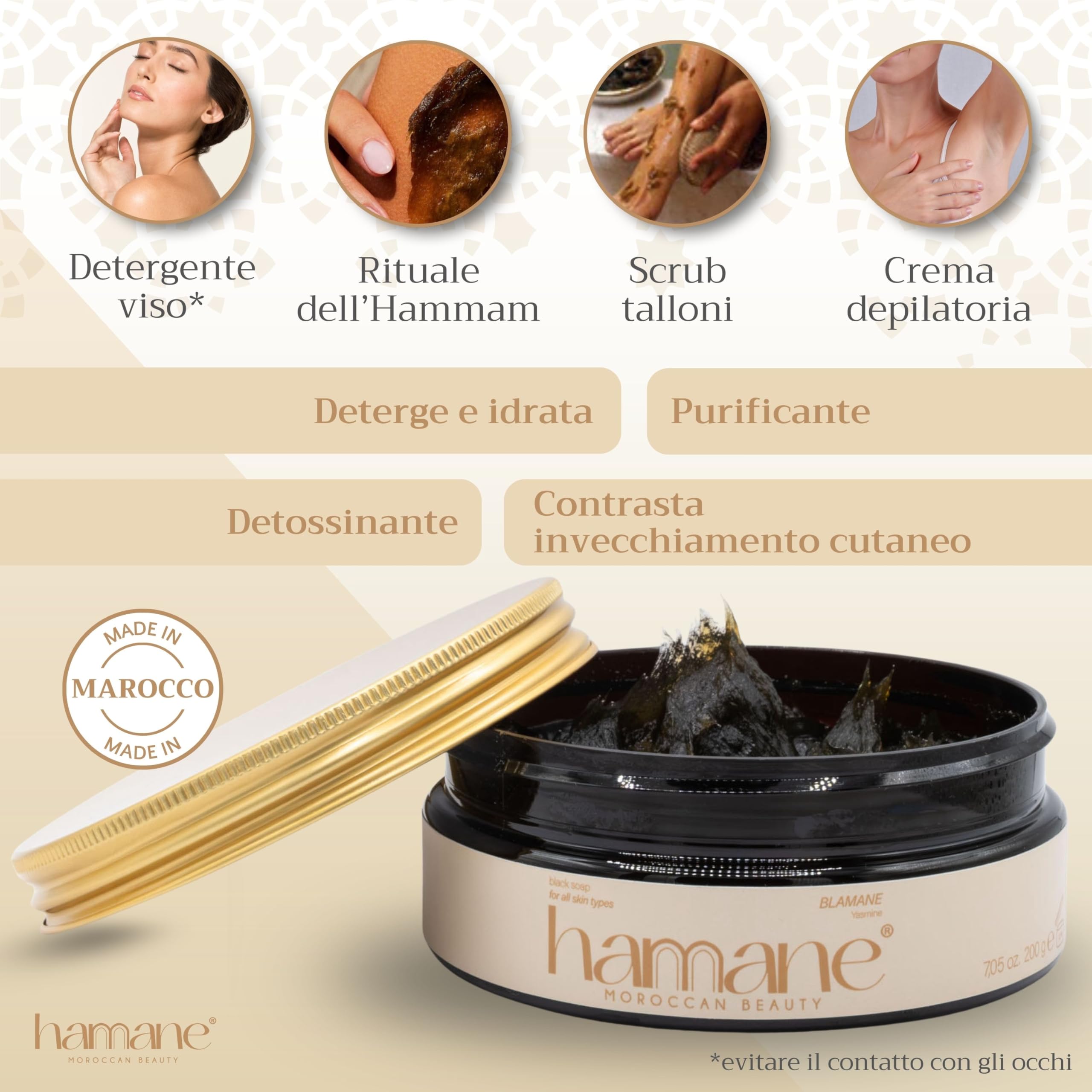 Beauty, Kit Hammam Total Body con Sapone Nero Marocchino (100 g), Guanto Kessa Esfoliante Panna, Olio di Argan (50 ml) e Massaggiatore Cuoio Capelluto, Profumo Gelsomino