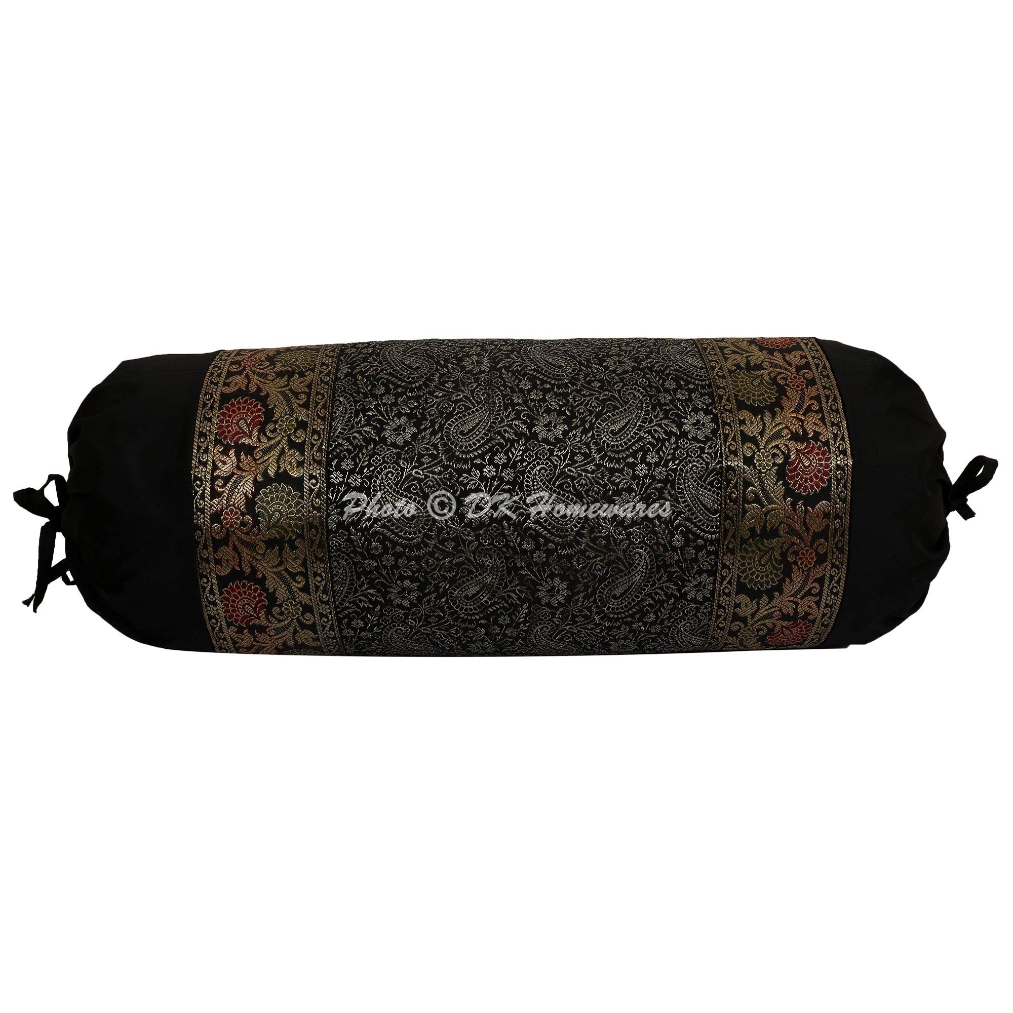 Indian Jacquard Brocade Silk Bolster Yoga Round Pillow Cover Cylindrical Hotdog Black Tube Masand Home Decor Living Room Paisley Traditional Throw Cushion Cover 76x38 cm - 1 Pc