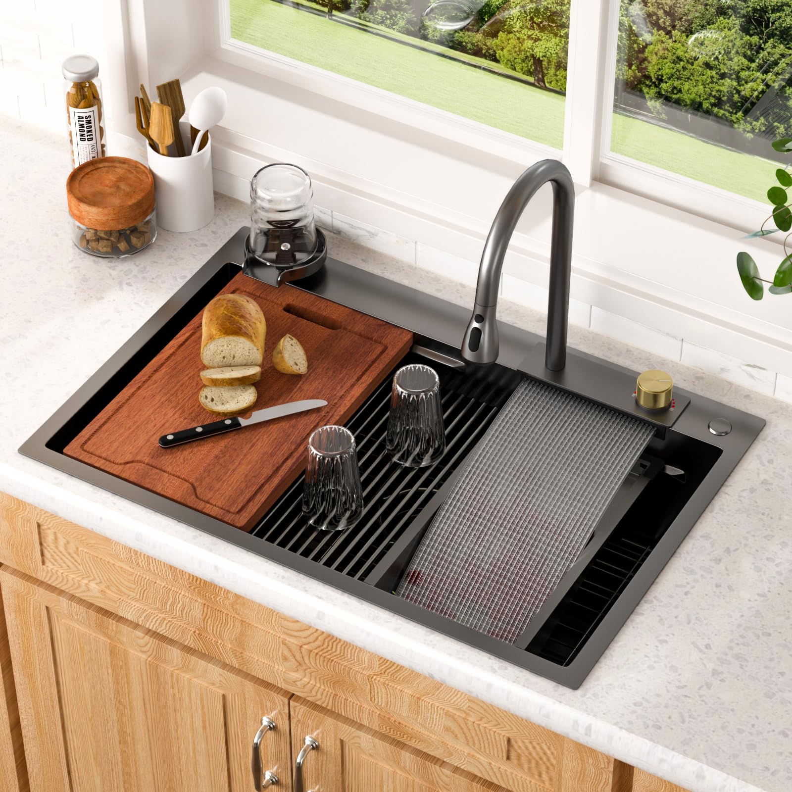 Lordear Black Waterfall Kitchen Sink Drop In 33x22 Smart