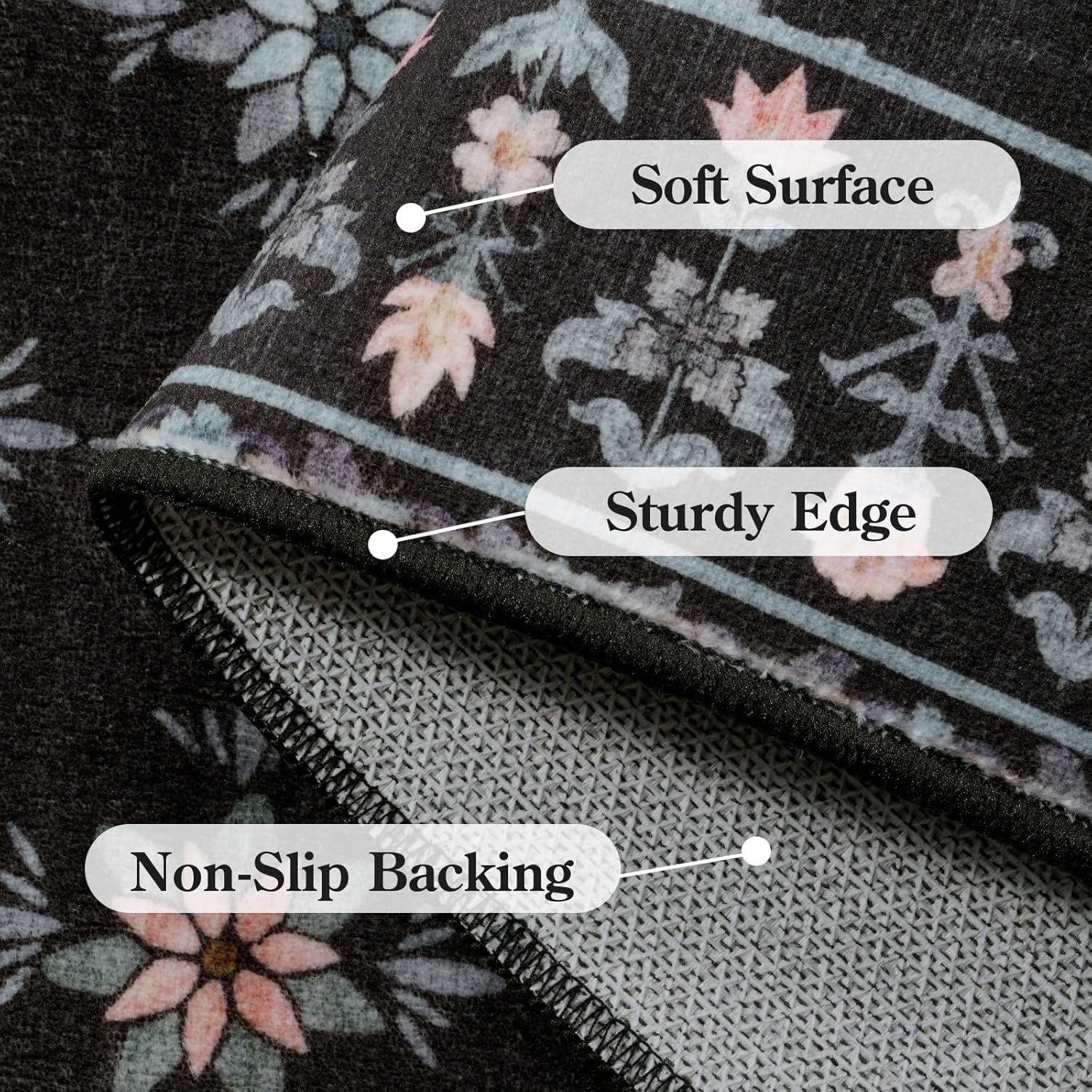 LEEVAN Black Kitchen Runner Rug for Hallway,2.6x8 Soft Farmhouse Floral Washable Hallway Runner,Checkered Long Boho Indoor Low Pile Runner Rug Non Slip for Bathroom,Entryway,Bedroom,Porch,Laundry