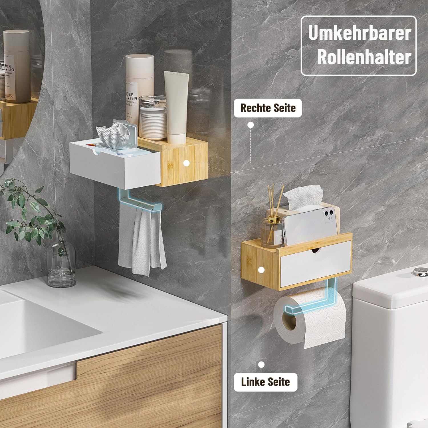 Toilettenpapierhalter Ohne Bohren, Klopapierhalter mit Feuchttücherbox Klorollenhalter mit Ablage Bambus Papier Halterung für WC Badezimmer, Selbstklebend or Bohren Natur