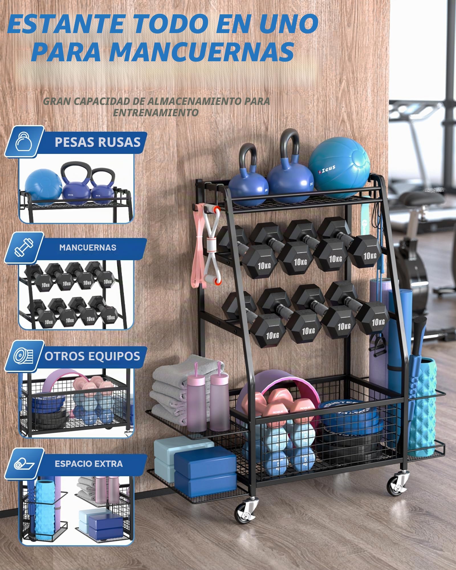 Soporte para mancuernas - Estantería de almacenamiento ampliad para gimnasio doméstico - Soporte de mancuernas con 4 ruedas flexibles y almacenamiento único en ambos lados