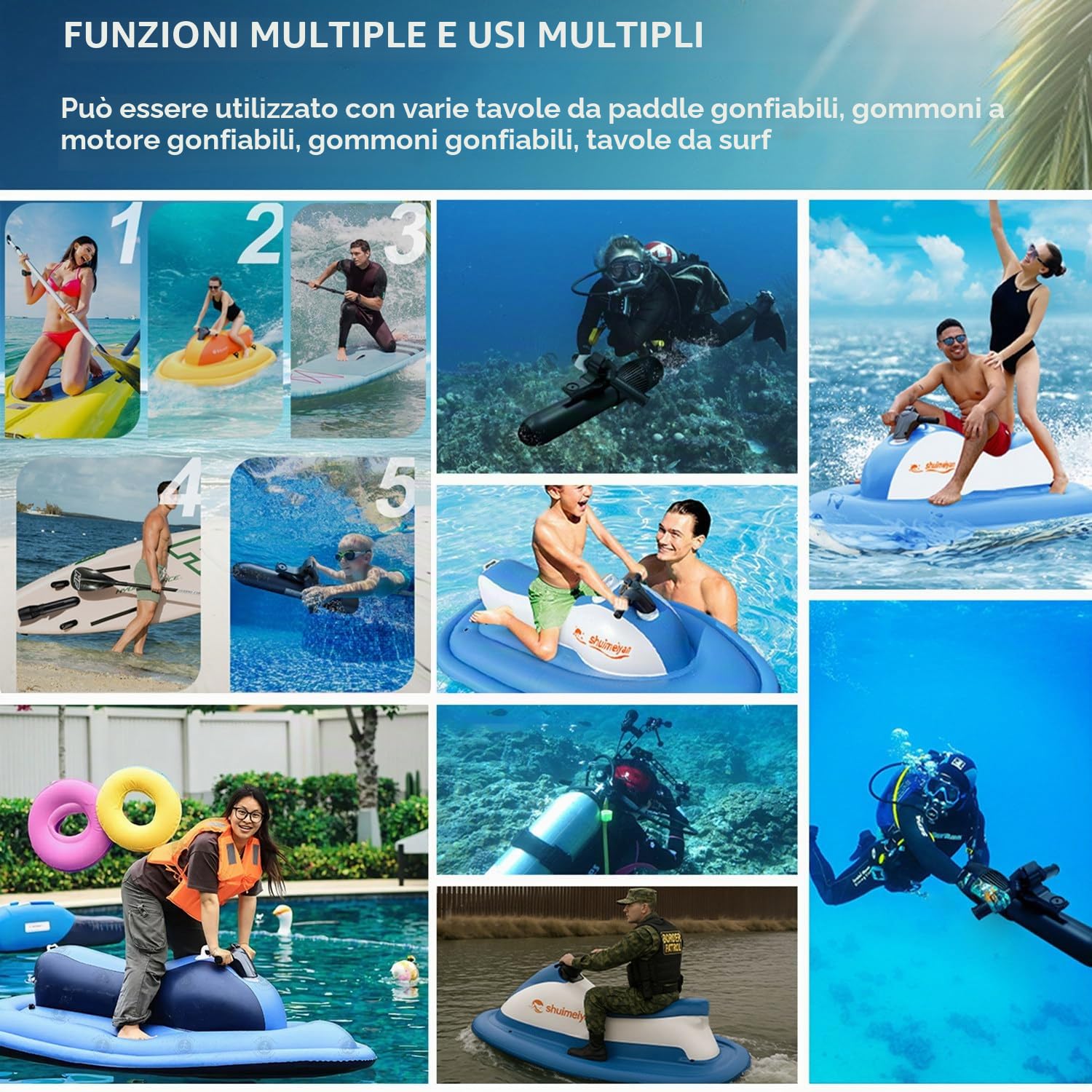 Motoscafo Elettrico Gonfiabile ad Acqua per 1-3 Persone, Jet Ski Barca Gonfiabile con propulsore subacqueo Staccabile, 10000 mAh/16000 mAh (Opzionale), capacità di 330 libbre.,500W10A