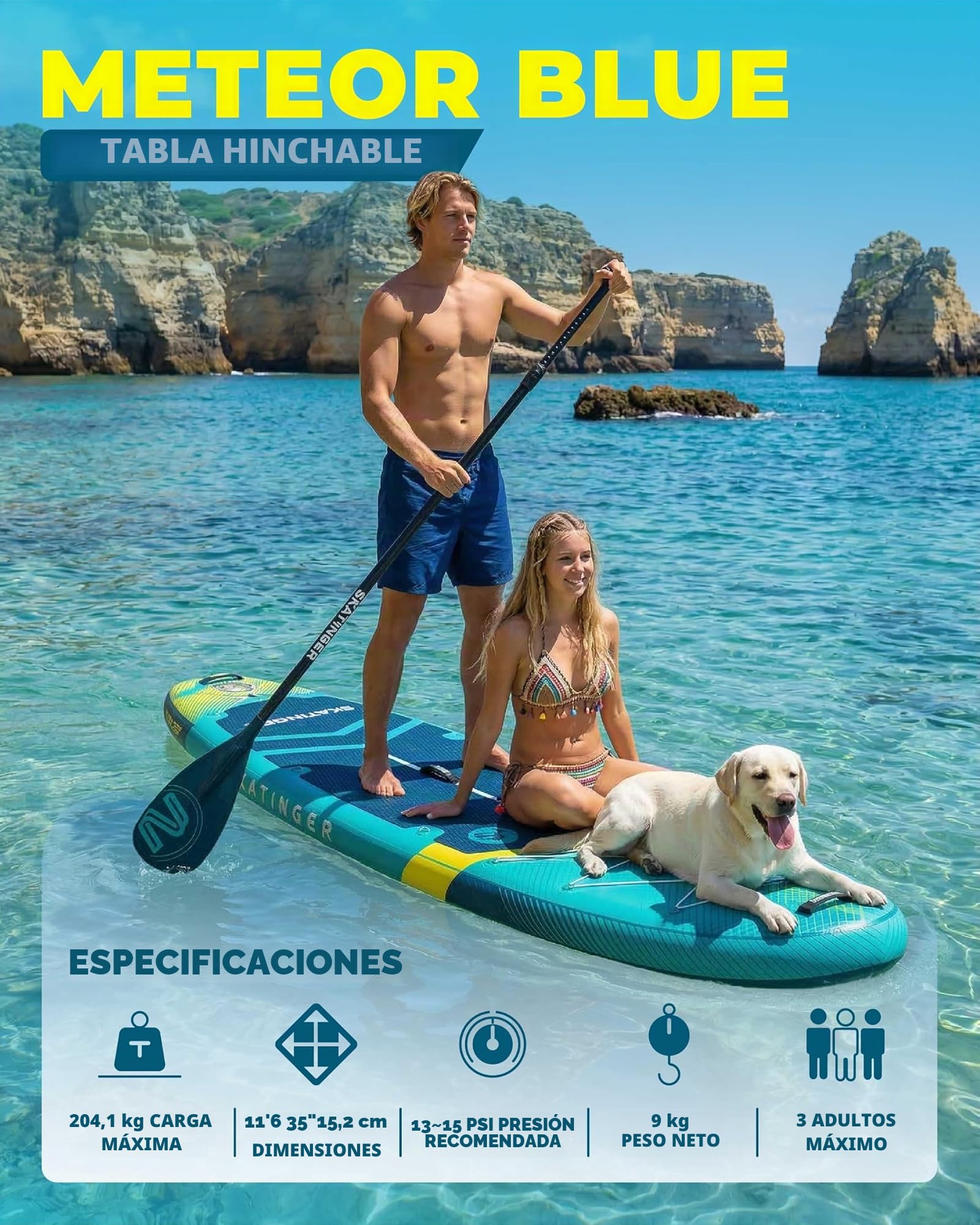 Skatinger Tabla de Remo Inflable de pie, Tabla de Remo Inflable de 11 x 34 x 6 Pulgadas, Tabla de Remo de Yoga con Mochila 1600D, 6 Anillos en D adicionales, Correa para el Hombro, Aleta Central de