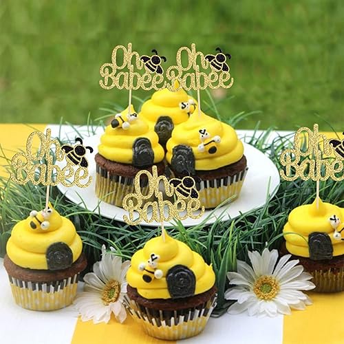 Miniatura 4 de Gyufise 24 piezas de adornos para cupcakes Oh Babee con purpurina dorada para cupcakes Oh Baby Shower para baby shower, fiesta de cumpleaños