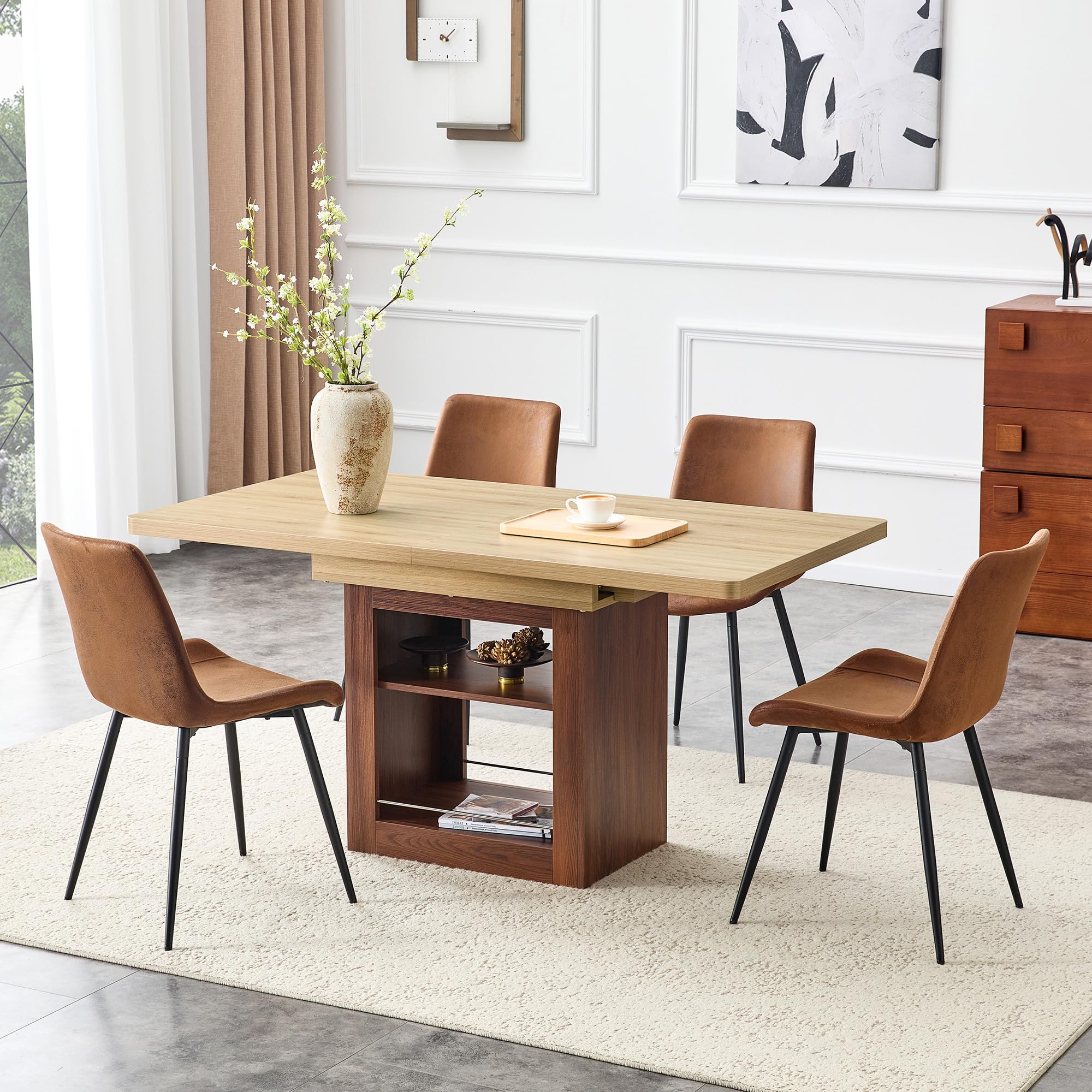 ((only dining chair )) Extendable Dining Table Set for 4-8, 59"-71" Space-Saving Kitchen Table and 4 Chairs, Modern Wood Dining Room Furniture with Butterfly Leaf for Small Apartment ?Natural Wood ?
