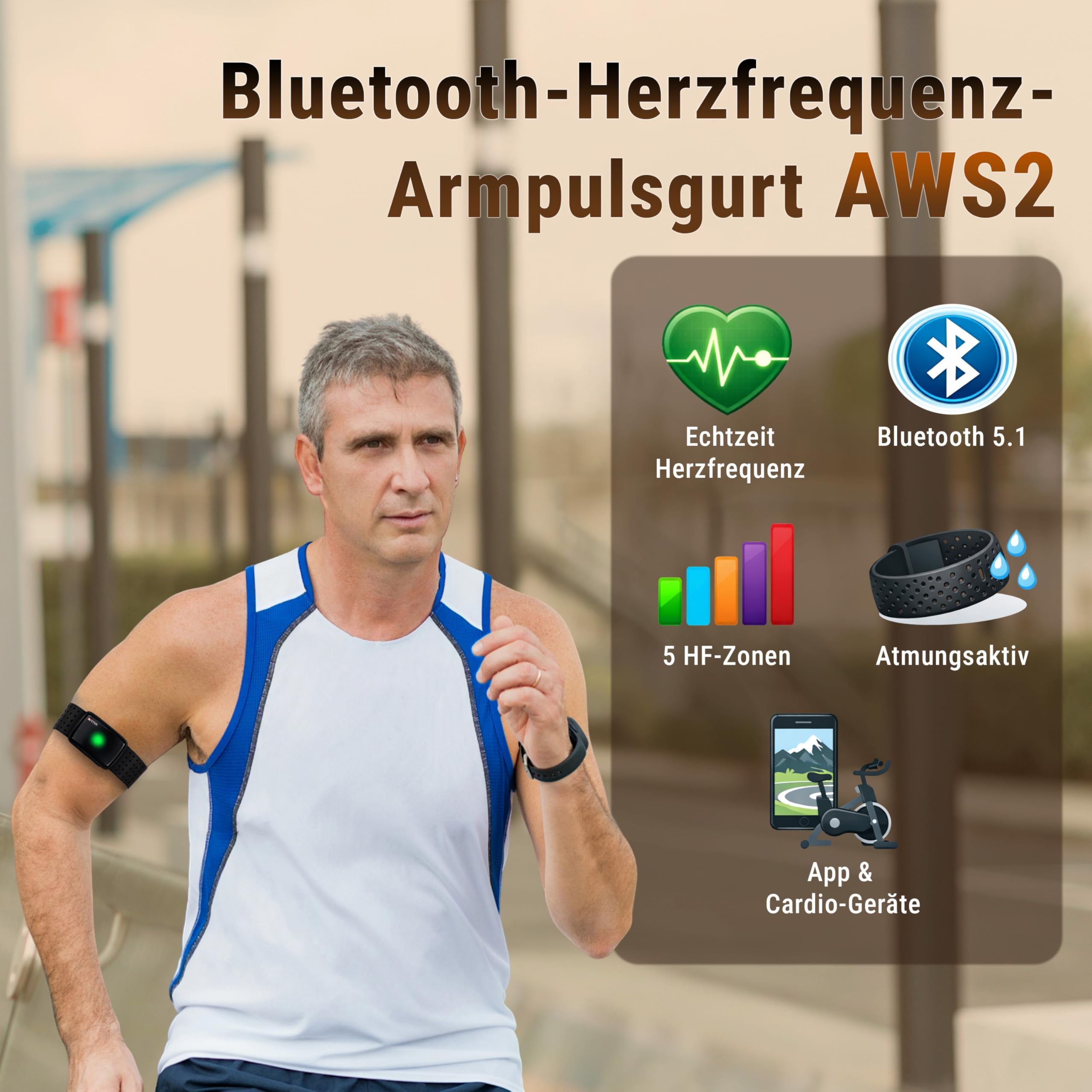 AsVIVA AWS2 Herzfrequenz-Armband – Optischer Pulssensor mit LED-Pulszonen, Bluetooth & ANT+, kompatibel mit Fitnessgeräten & Apps für Indoor- und Outdoor-Training